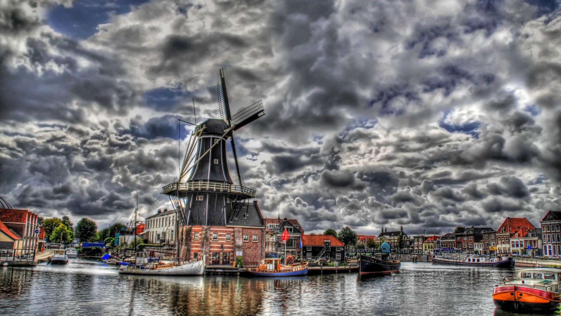 hdr, cities, sky, clouds, building, mill Image for desktop