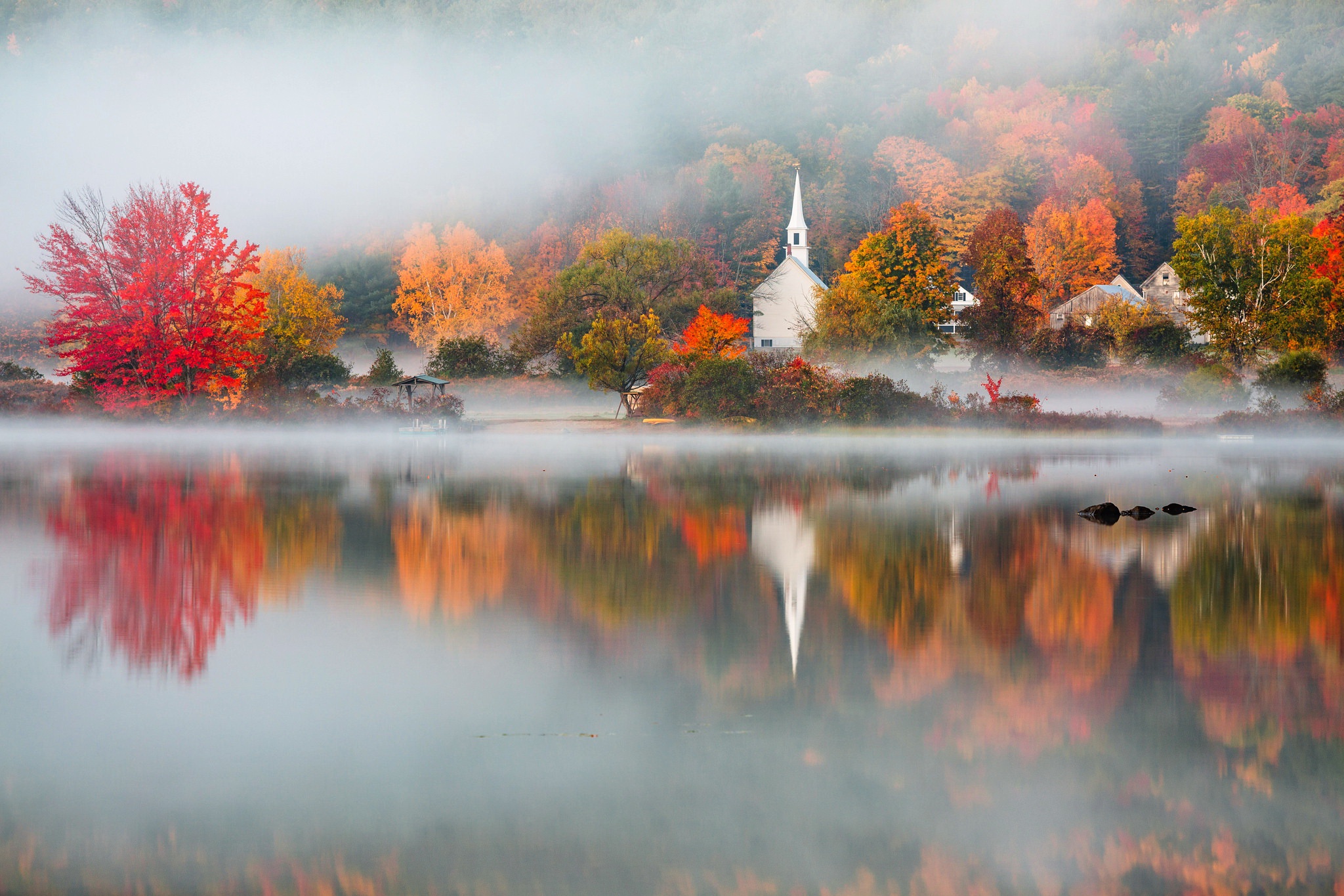 Free download wallpaper Lake, Reflection, Fog, Fall, Church, Churches, Religious on your PC desktop