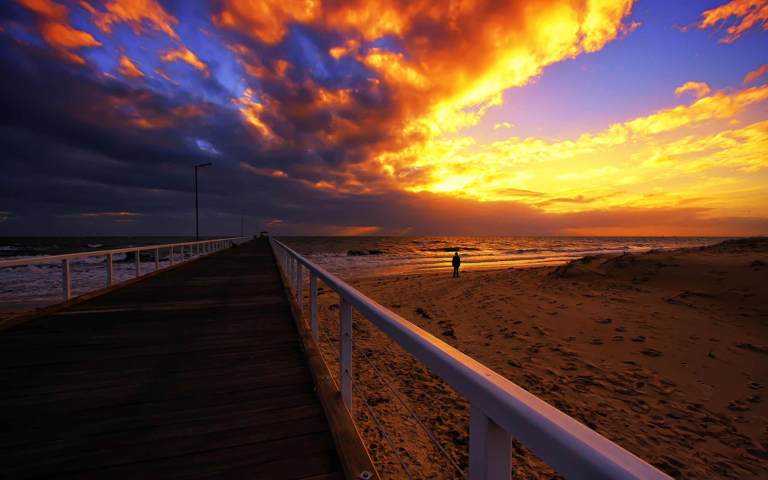 Download mobile wallpaper Sunset, Sea, Beach, Horizon, Pier, Ocean, Man Made for free.