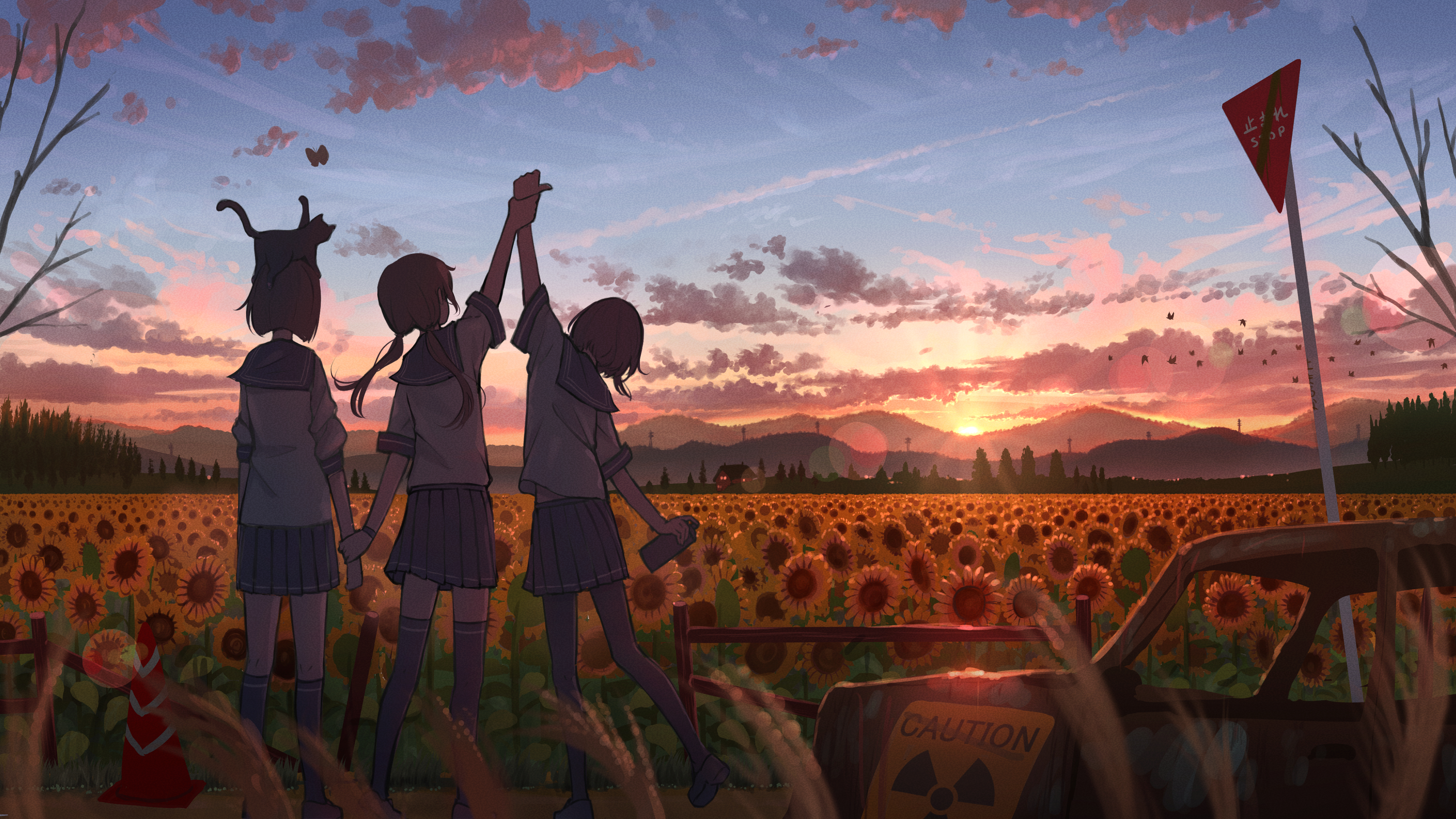 Handy-Wallpaper Mädchen, Sonnenblume, Himmel, Sonnenuntergang, Animes, Uniform kostenlos herunterladen.