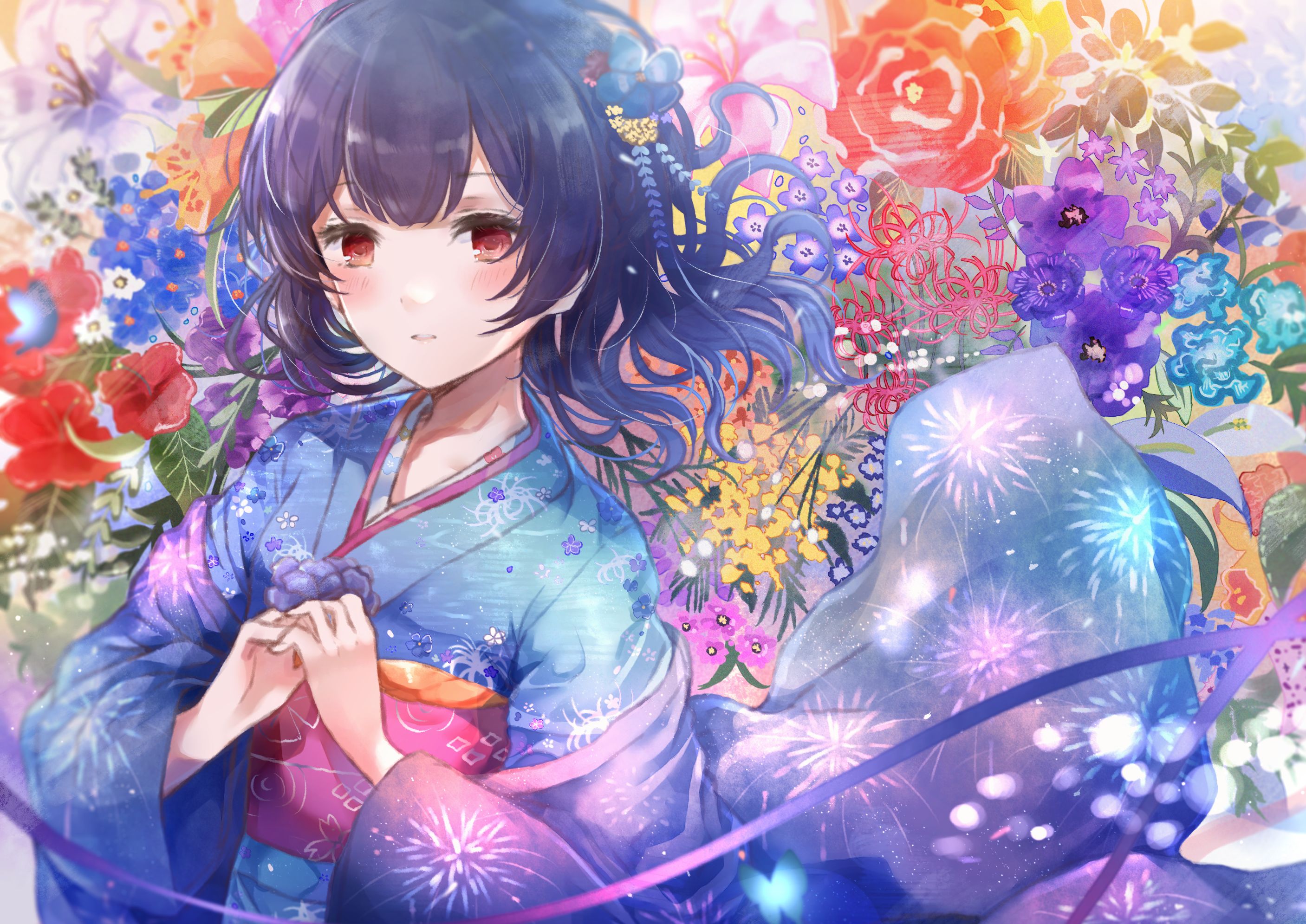 the idolm@ster: shiny colors, anime, blue hair, kimono, rinze morino, the idolm@ster