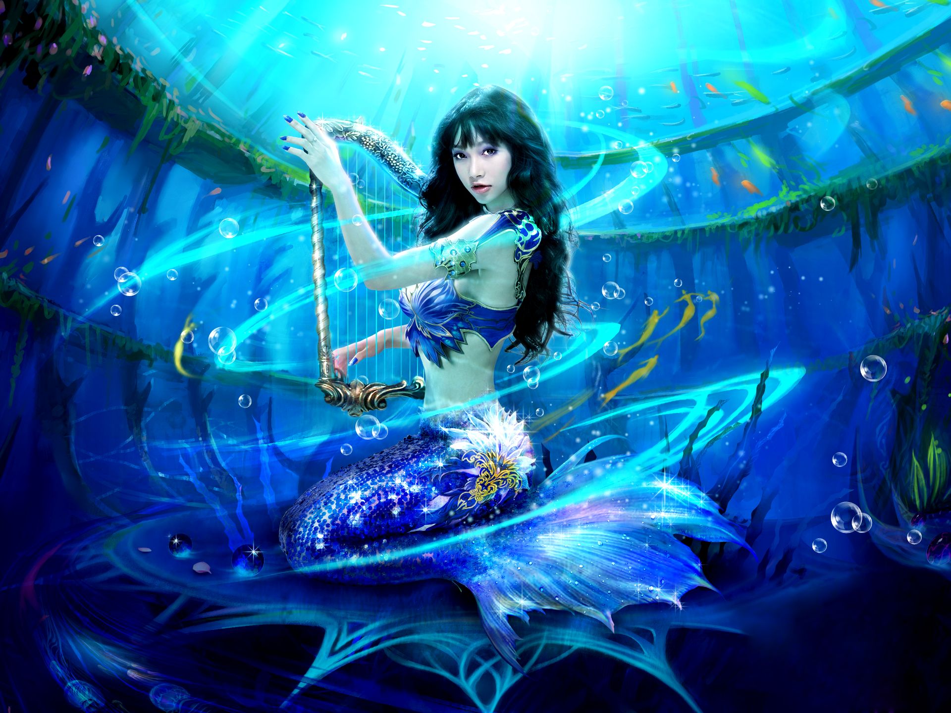 844094 Hintergrundbild herunterladen computerspiele, perfekte welt, blau, fantasie, harfe, meerjungfrau, unterwasser - Bildschirmschoner und Bilder kostenlos