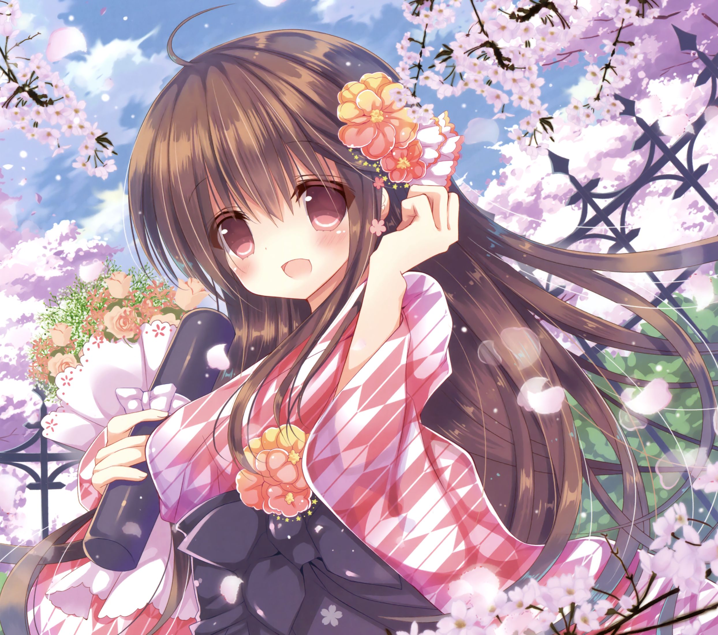 Laden Sie das Blume, Lächeln, Kimono, Original, Kirschblüte, Rote Augen, Animes, Lange Haare, Braune Haare-Bild kostenlos auf Ihren PC-Desktop herunter