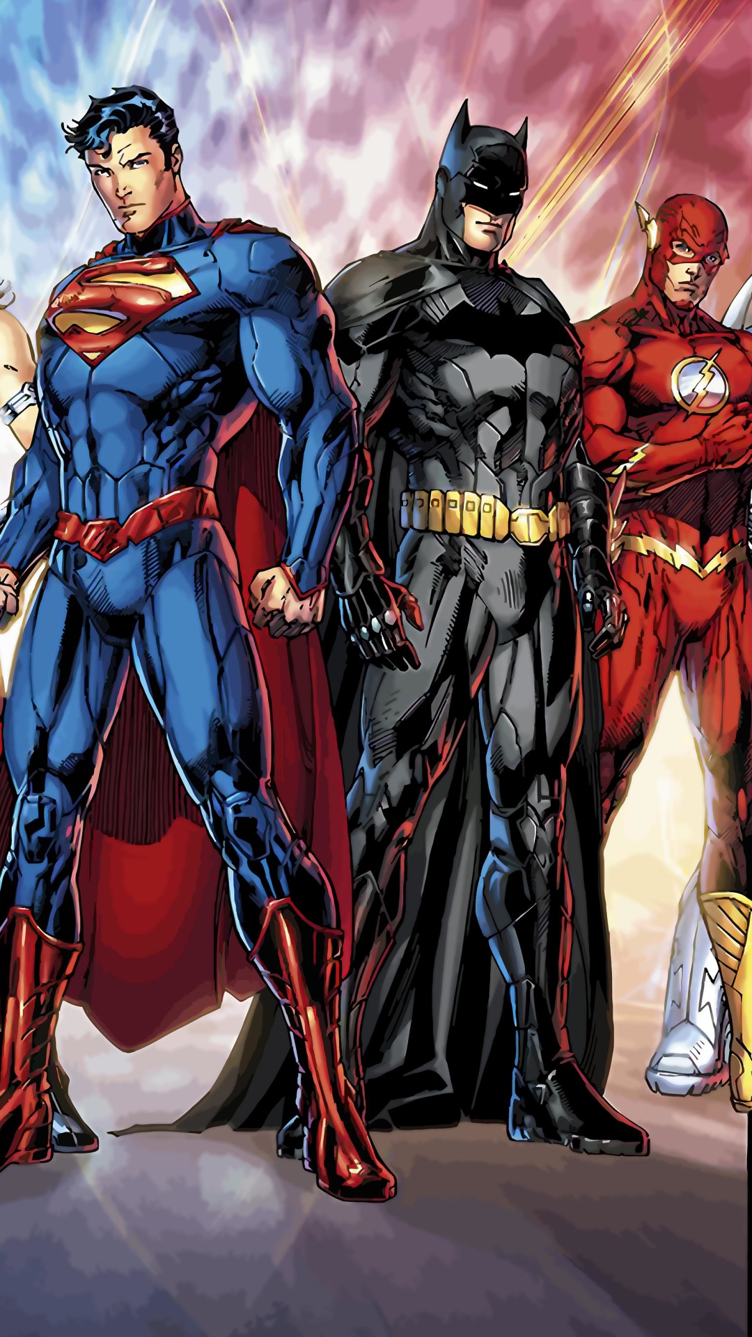 Descarga gratuita de fondo de pantalla para móvil de Superhombre, Destello, Historietas, Dc Comics, Hombre Murciélago, Liga De La Justicia, Barry Allen, Bruce Wayne.