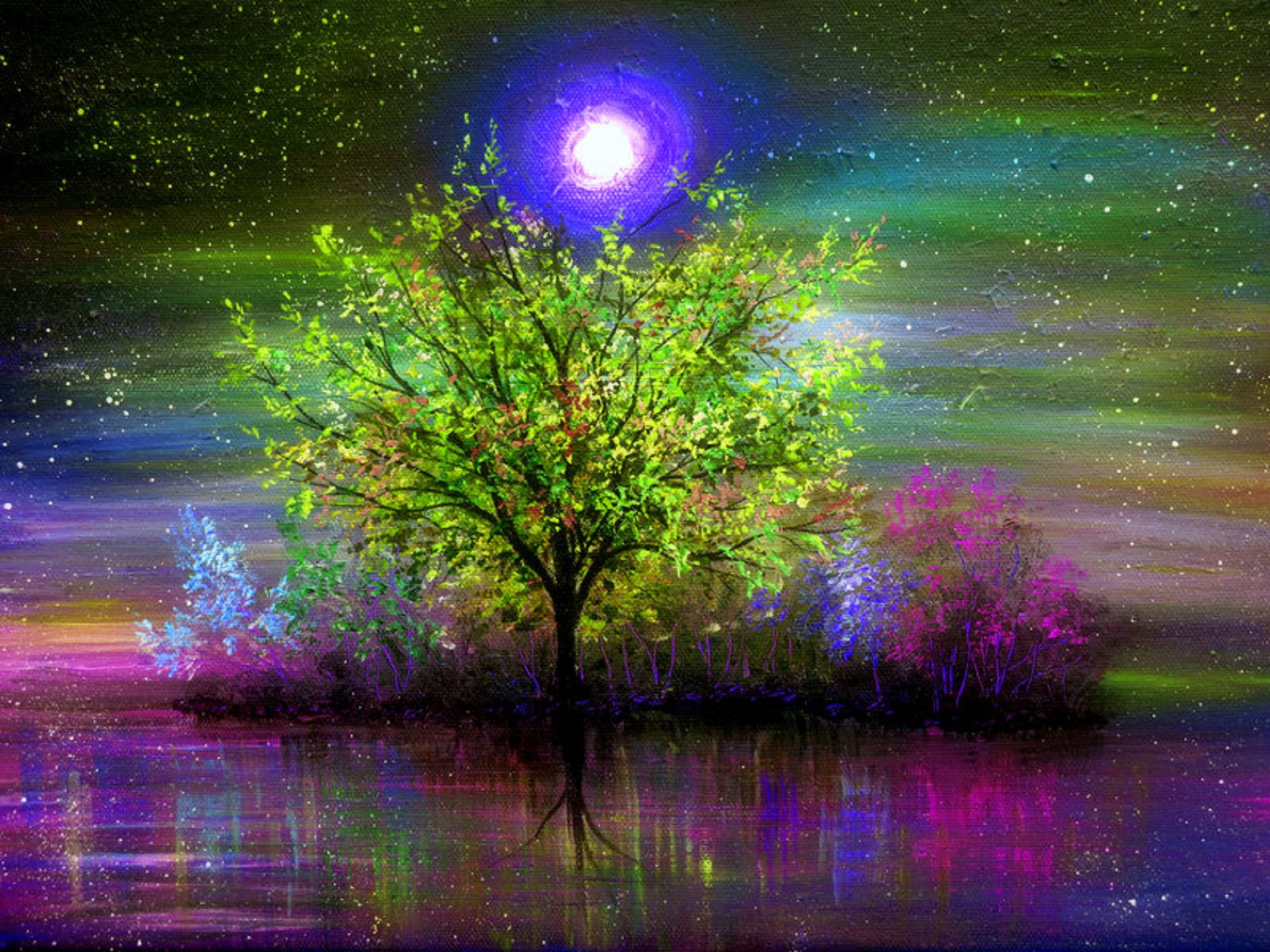 tree, artistic, moon, moonlight, painting
