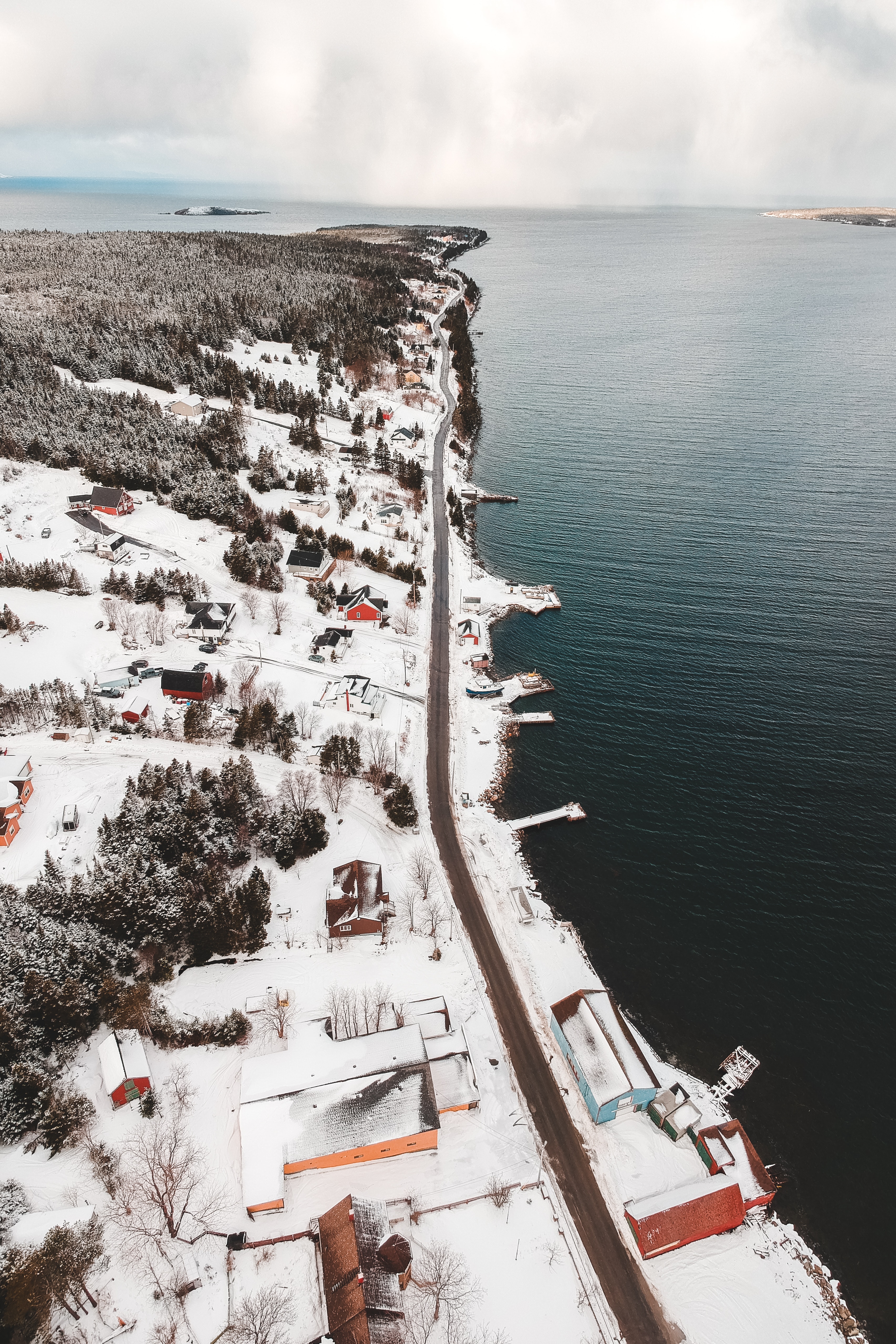 Free download wallpaper Coast, Snow, Building, View From Above, Island, Nature on your PC desktop