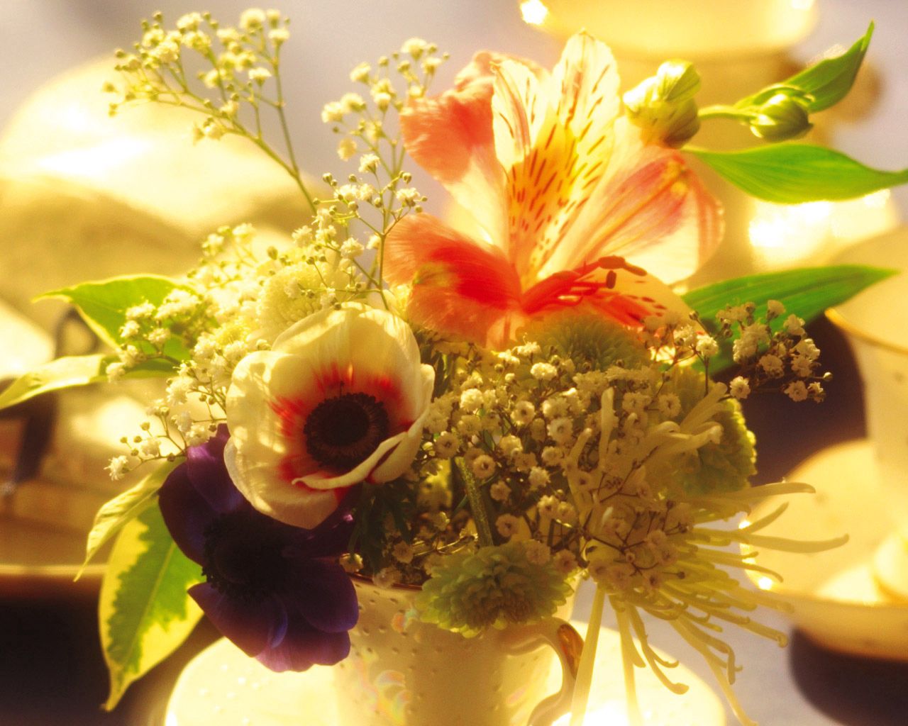 flowers, lilies, shine, light, bouquet, glass Full HD