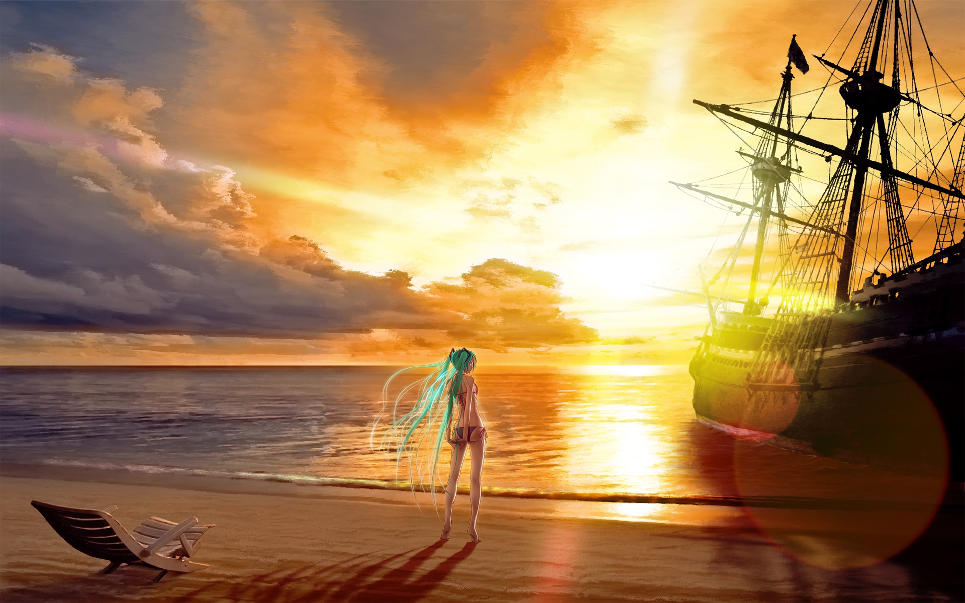 Download mobile wallpaper Beach, Vocaloid, Hatsune Miku, Water, Sunset, Ship, Anime for free.