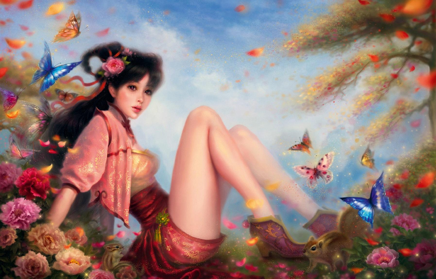 PCデスクトップに蝶, ファンタジー, 花, 女性, アジア人画像を無料でダウンロード