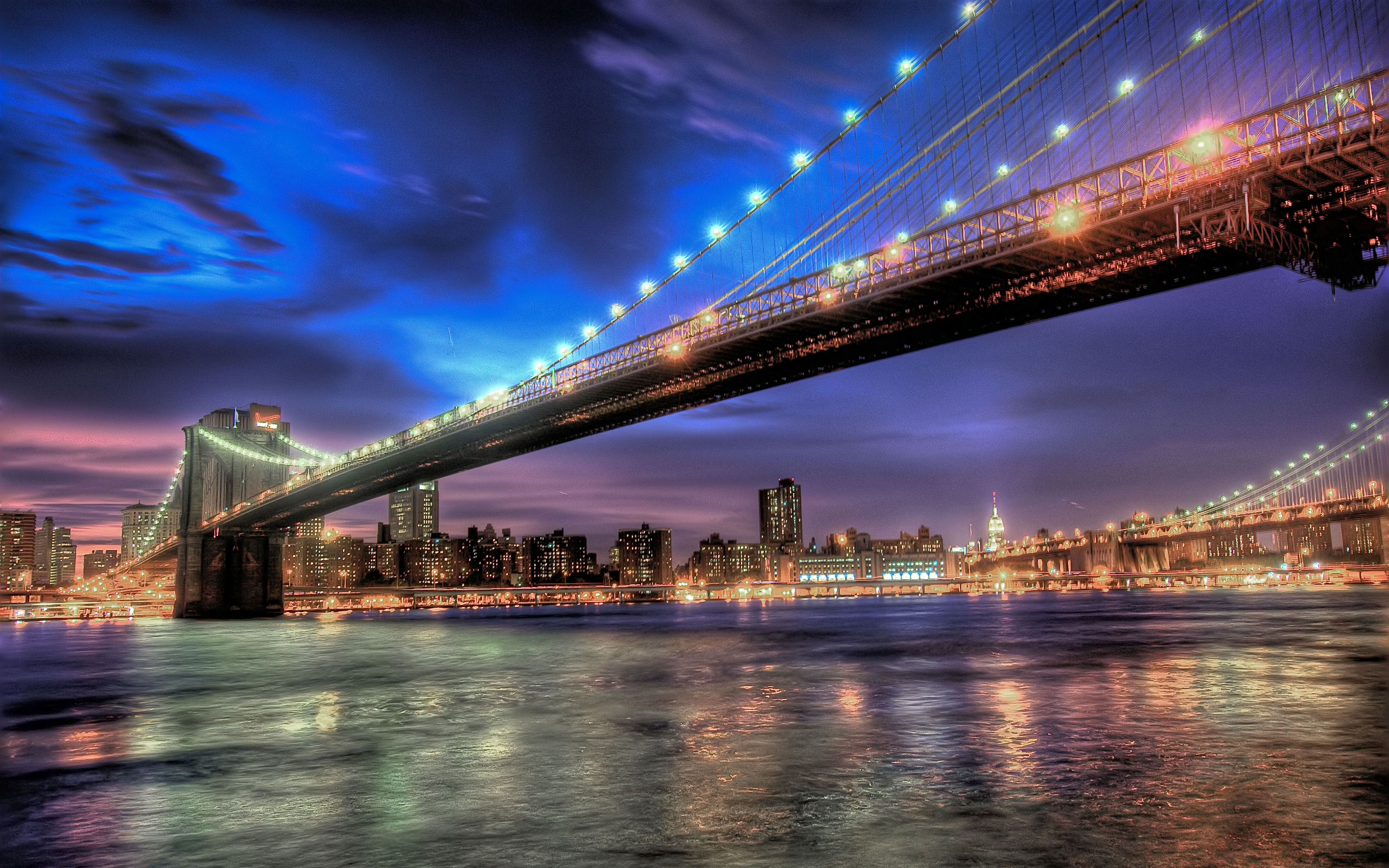 Free download wallpaper Bridges, Night, City, Light, Bridge, New York, Brooklyn Bridge, Man Made on your PC desktop