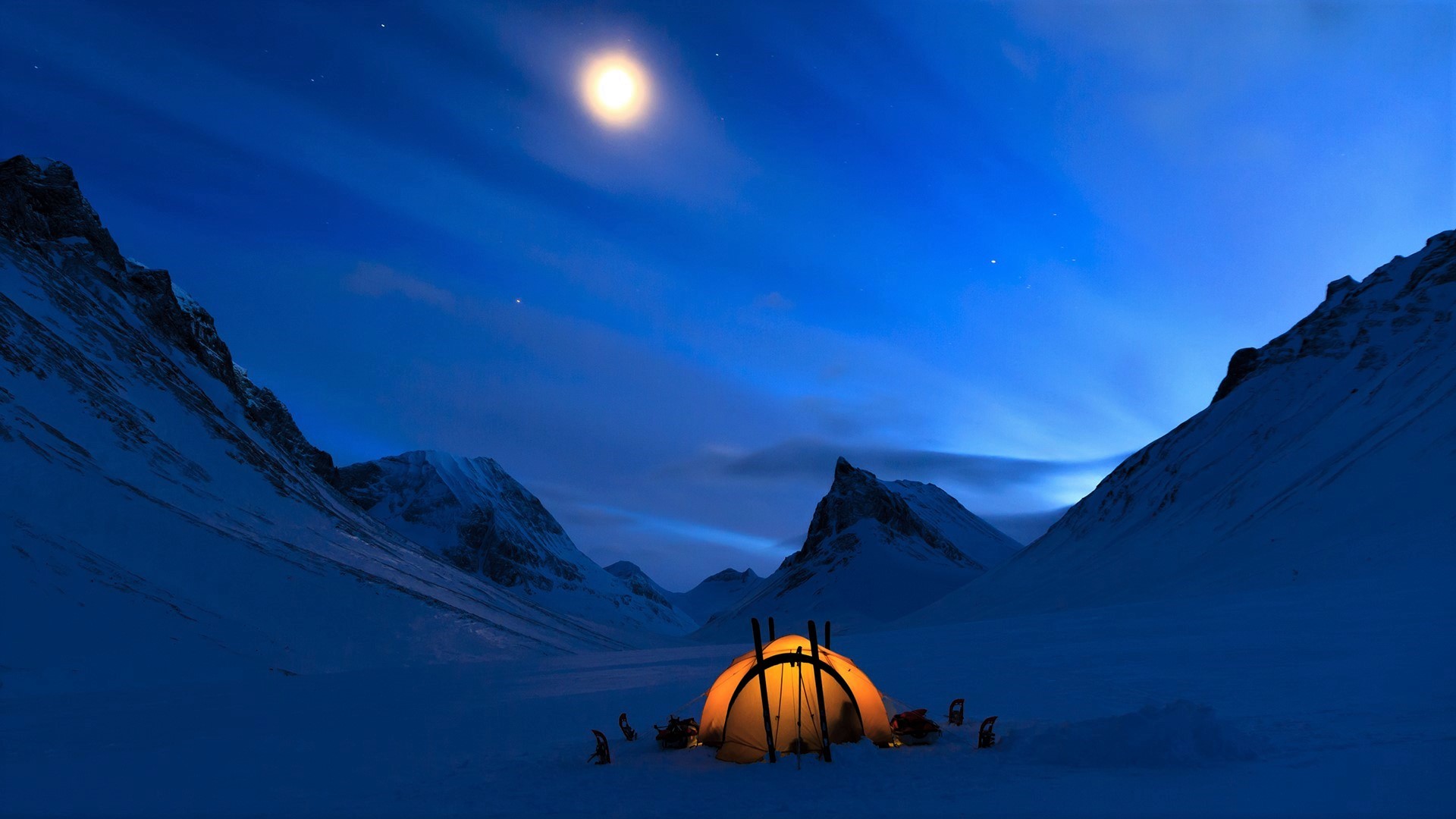 camping, tent, photography, moon, mountain, night, snow, winter