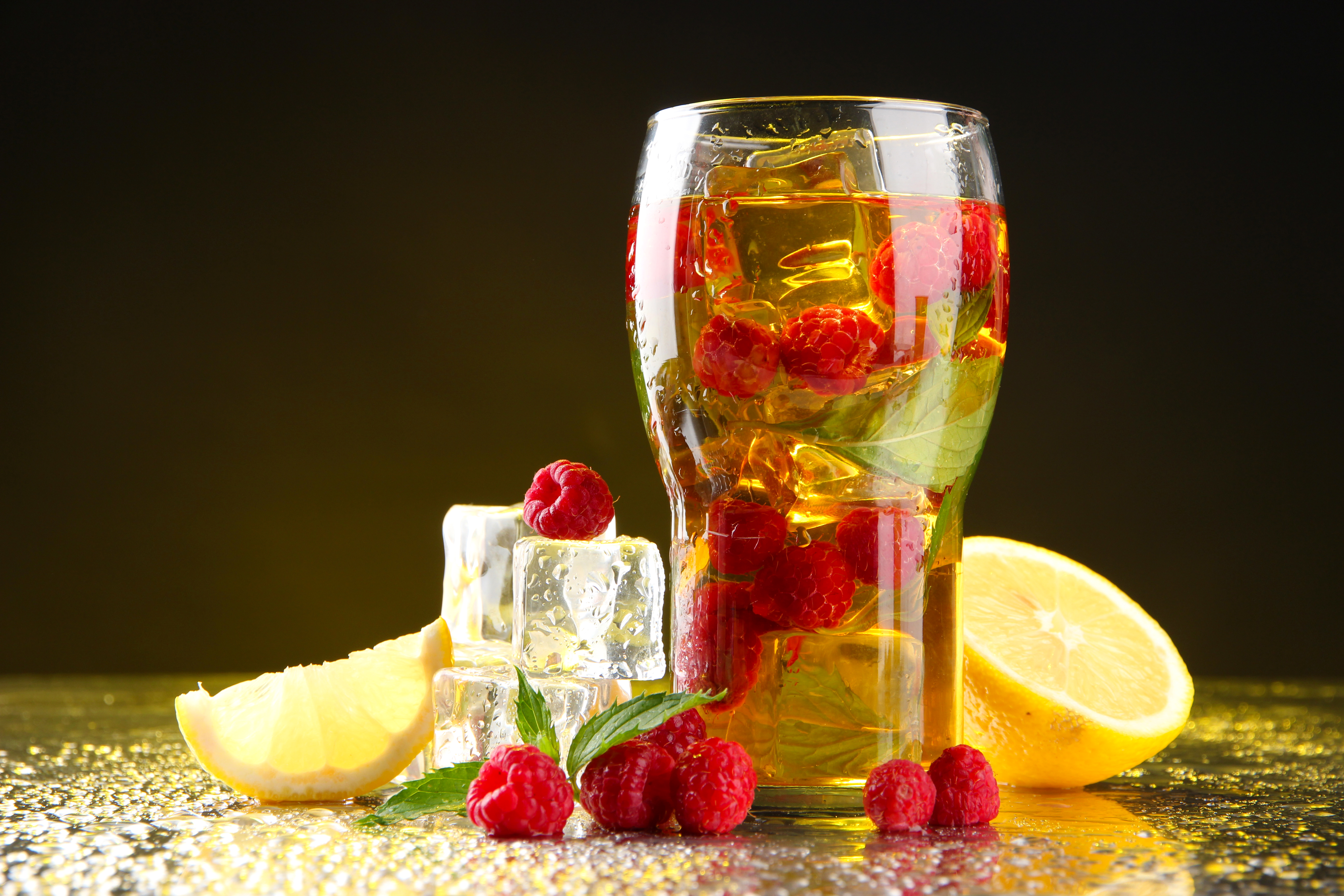raspberry, food, drink, fruit, glass, ice cube, lemon