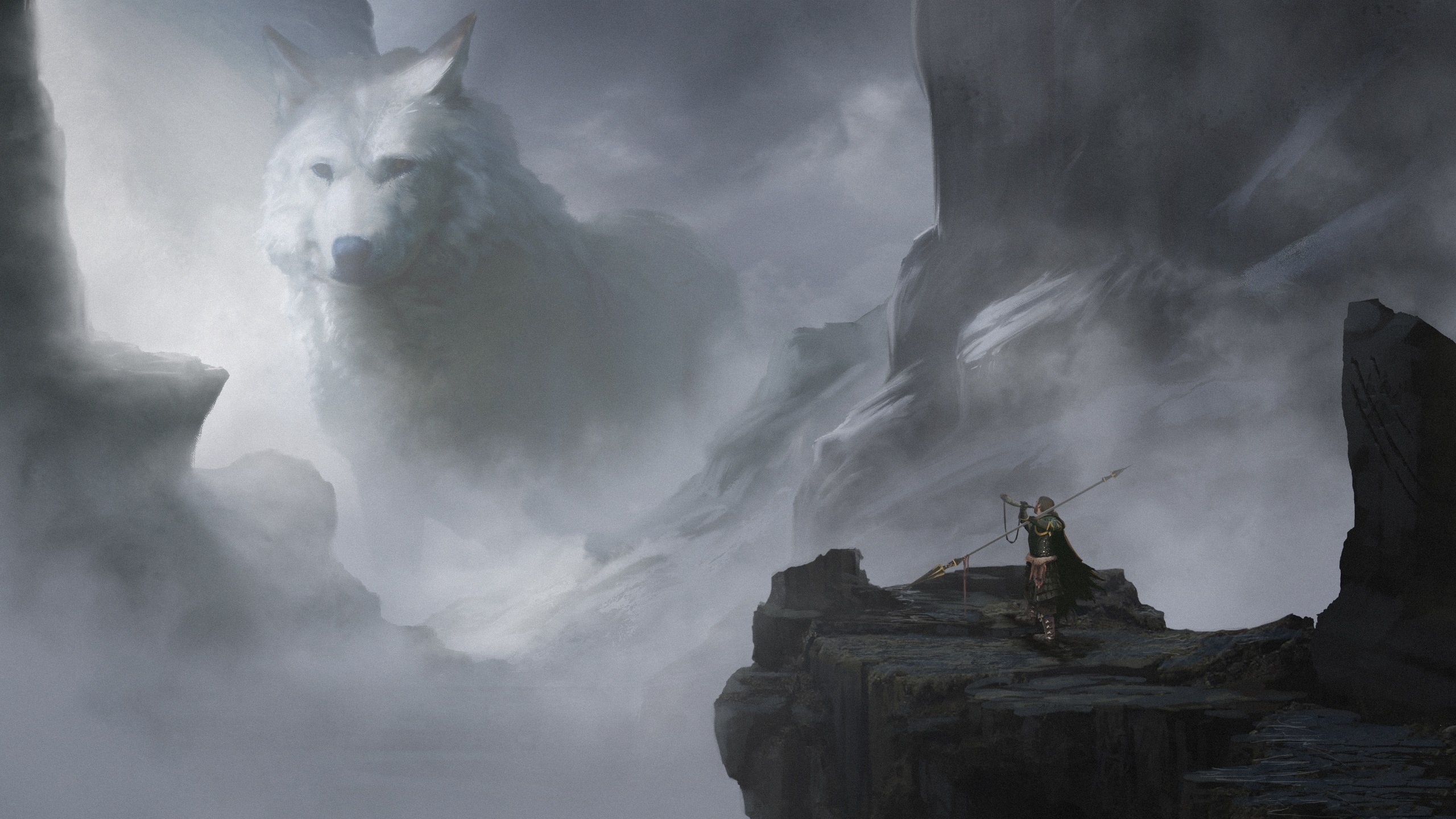 Free download wallpaper Fantasy, Mountain, Wolf, Warrior, Giant, Fantasy Animals on your PC desktop