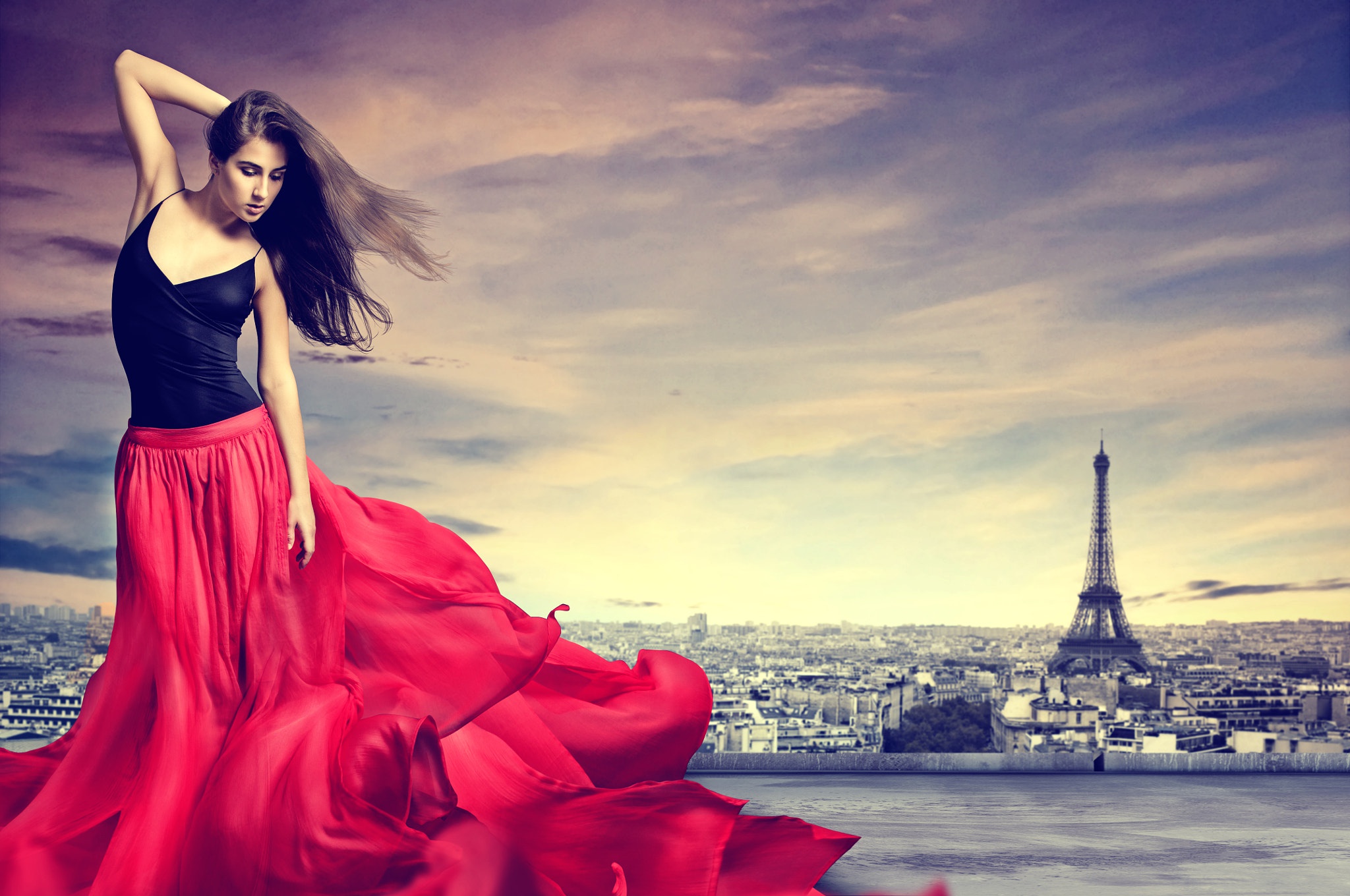 Free download wallpaper Paris, Eiffel Tower, City, Mood, Model, Women, Black Hair on your PC desktop