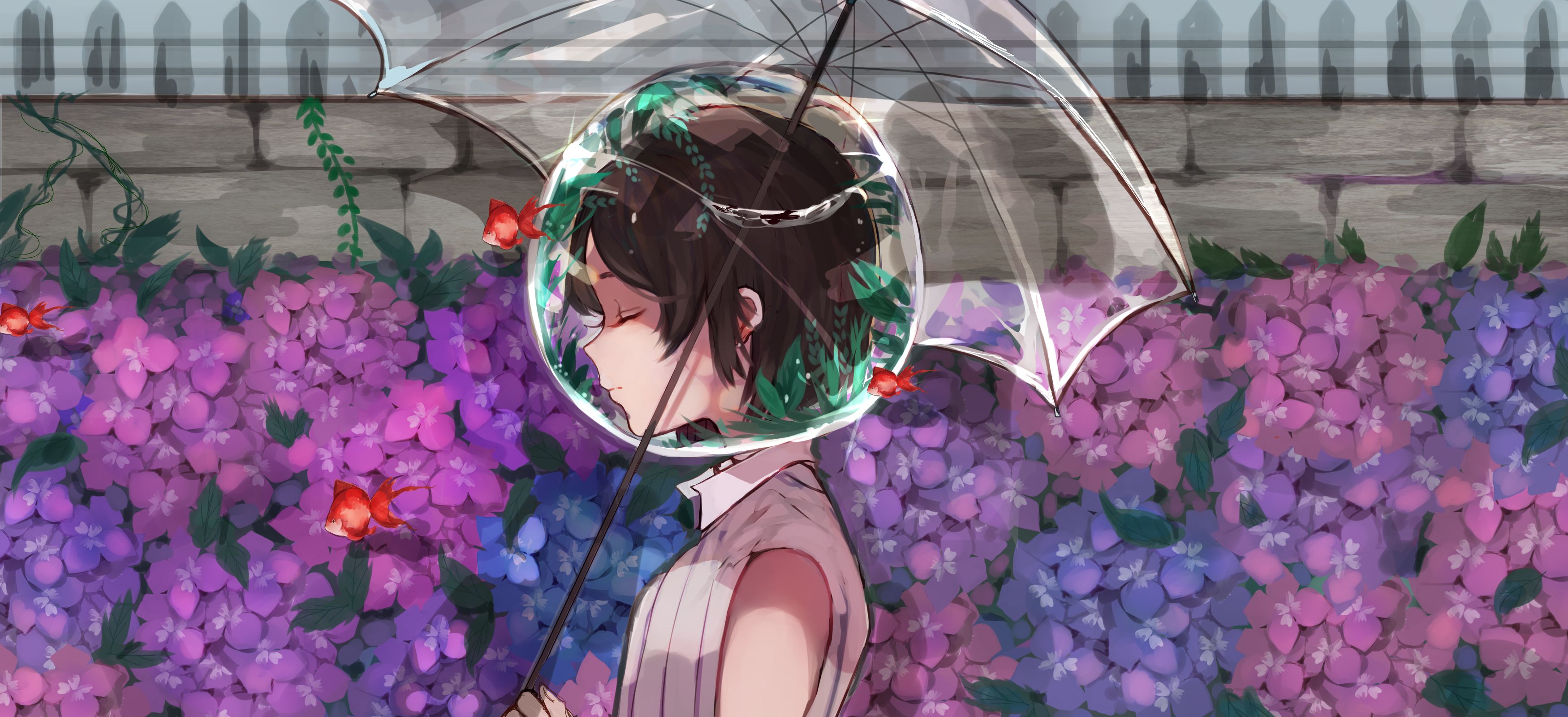 Download mobile wallpaper Anime, Flower, Girl, Umbrella, Fish, Bubble, Black Hair, Short Hair for free.