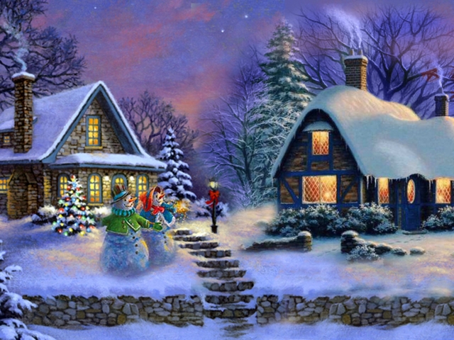 Laden Sie das Weihnachten, Schneemann, Haus, Malerei, Künstlerisch-Bild kostenlos auf Ihren PC-Desktop herunter