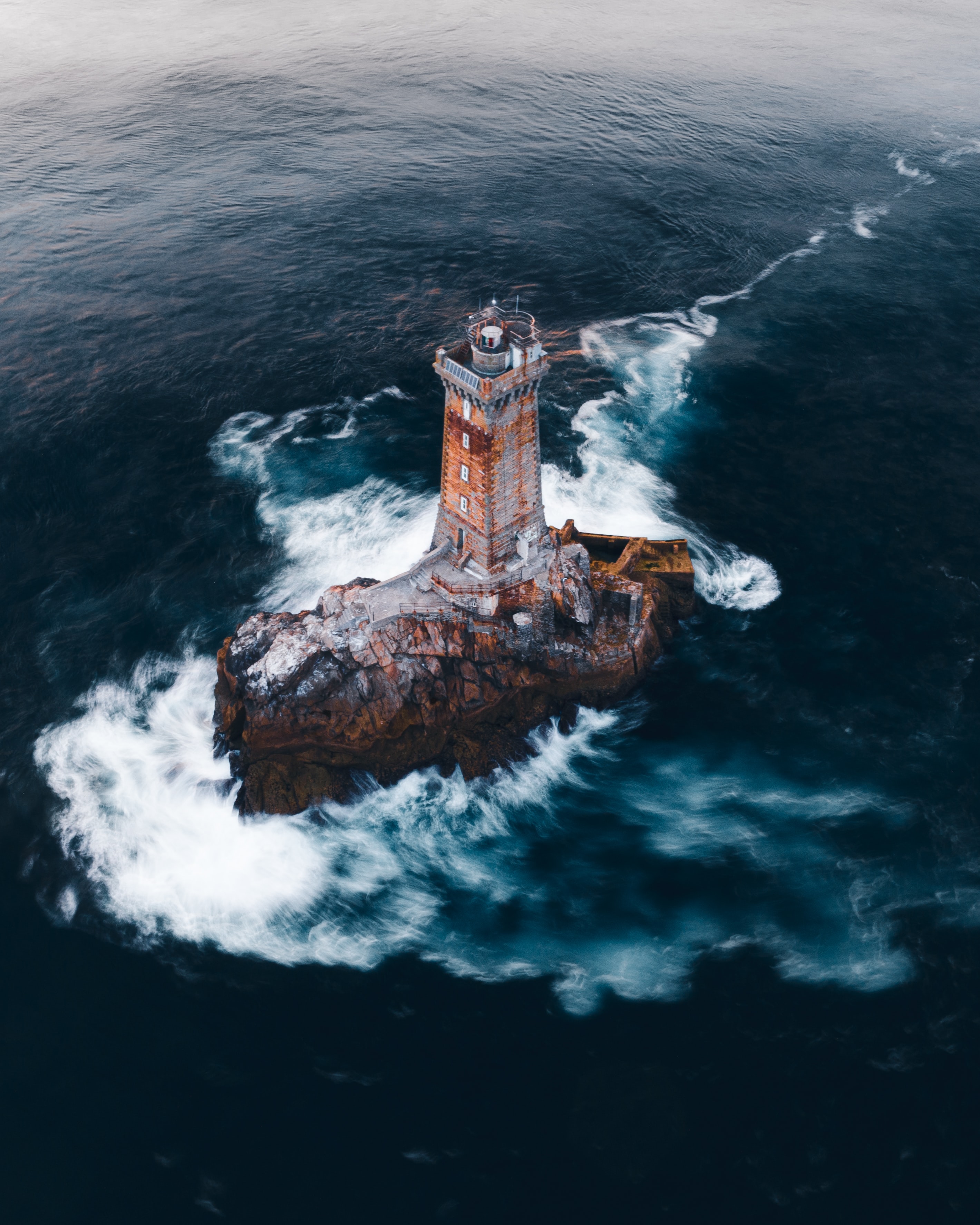 lighthouse, nature, sea, waves, rock, view from above
