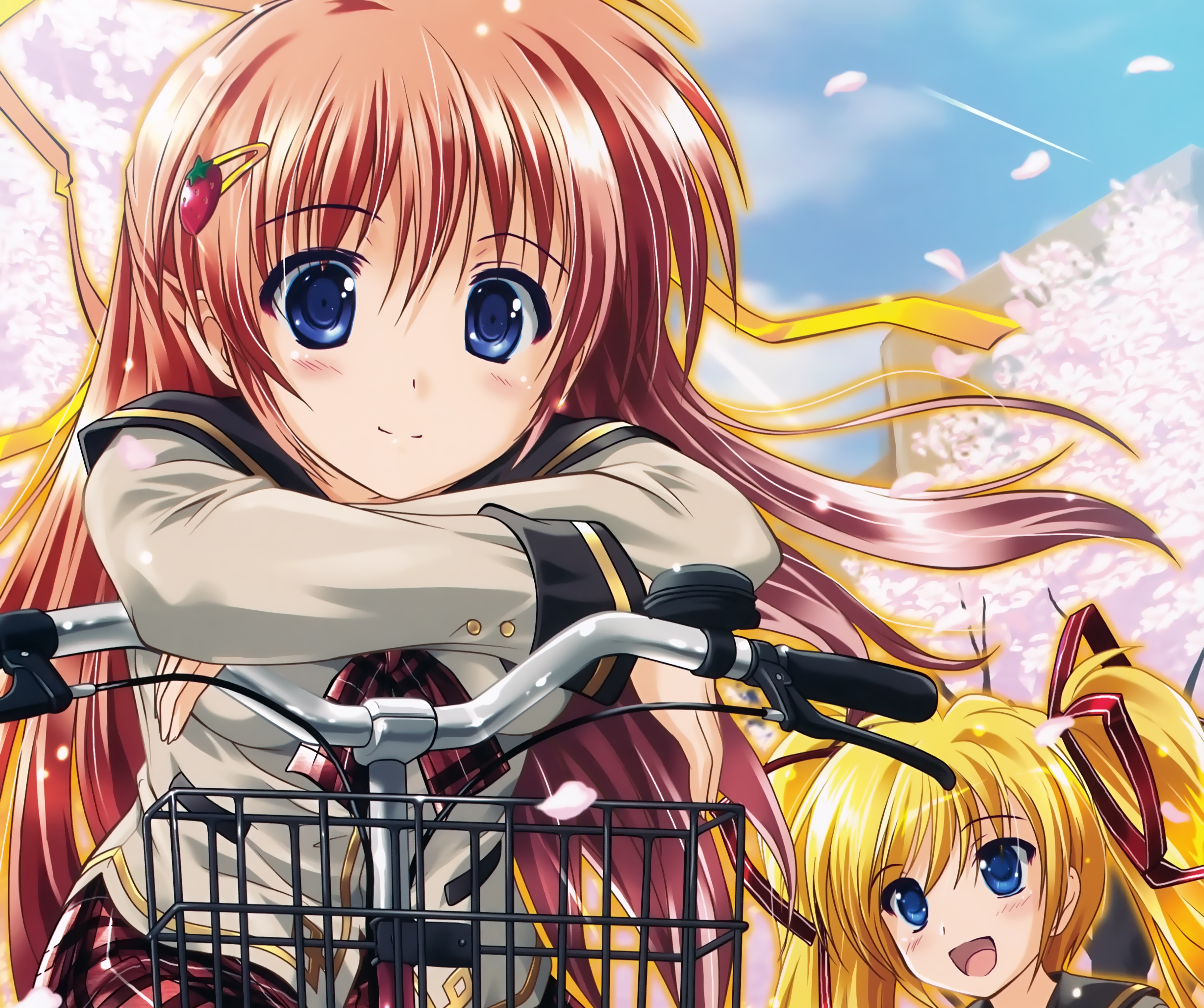 Download mobile wallpaper Anime, Smile, Bike, Blonde, Blue Eyes, Cherry Blossom, Original, Blush, Long Hair, Brown Hair, Twintails for free.