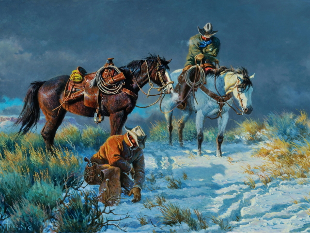 Laden Sie das Schnee, Malerei, Pferd, Cowboy, Künstlerisch, Pistole, Hauspferd-Bild kostenlos auf Ihren PC-Desktop herunter