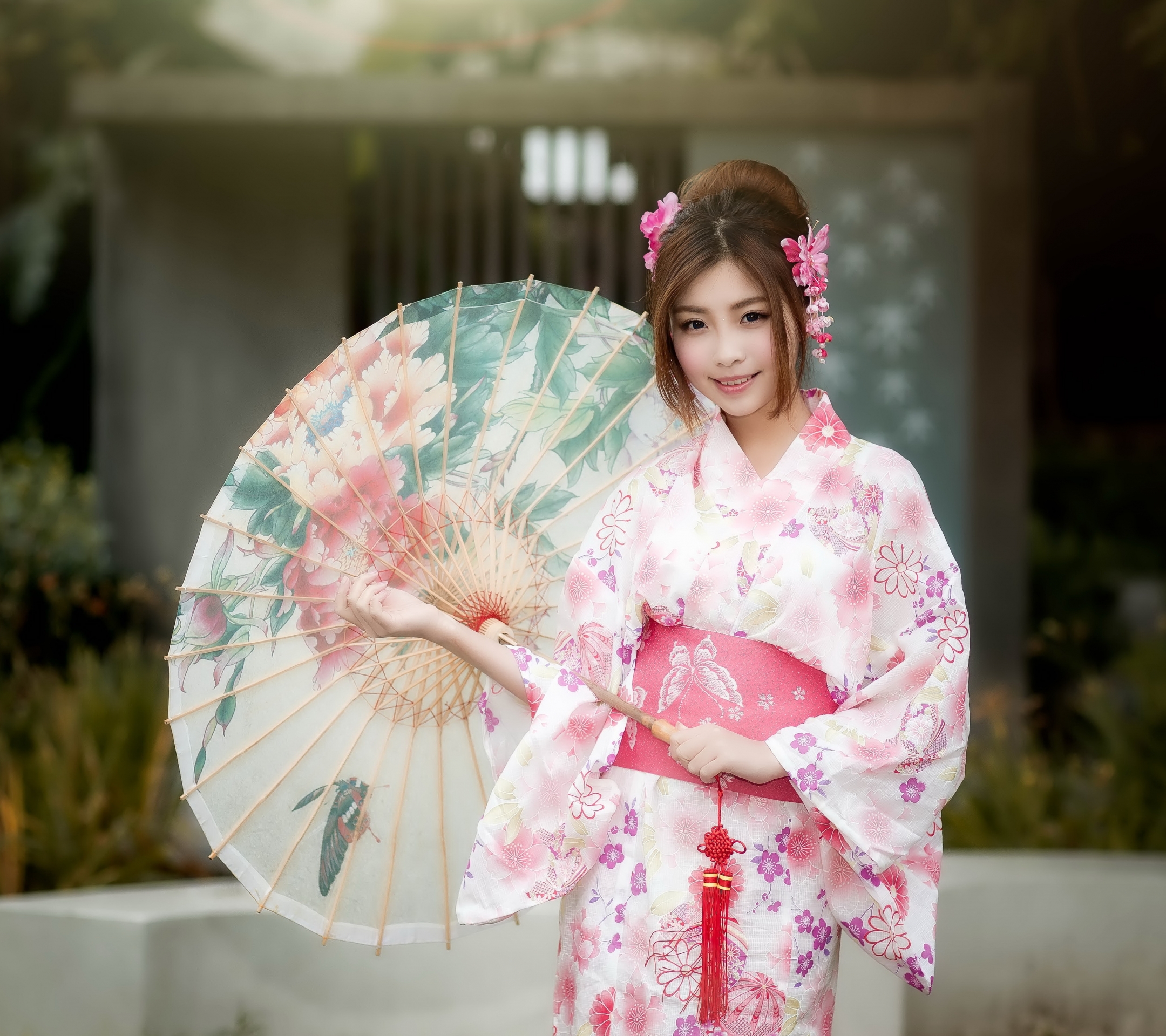 Download mobile wallpaper Umbrella, Kimono, Brunette, Oriental, Model, Women, Asian for free.