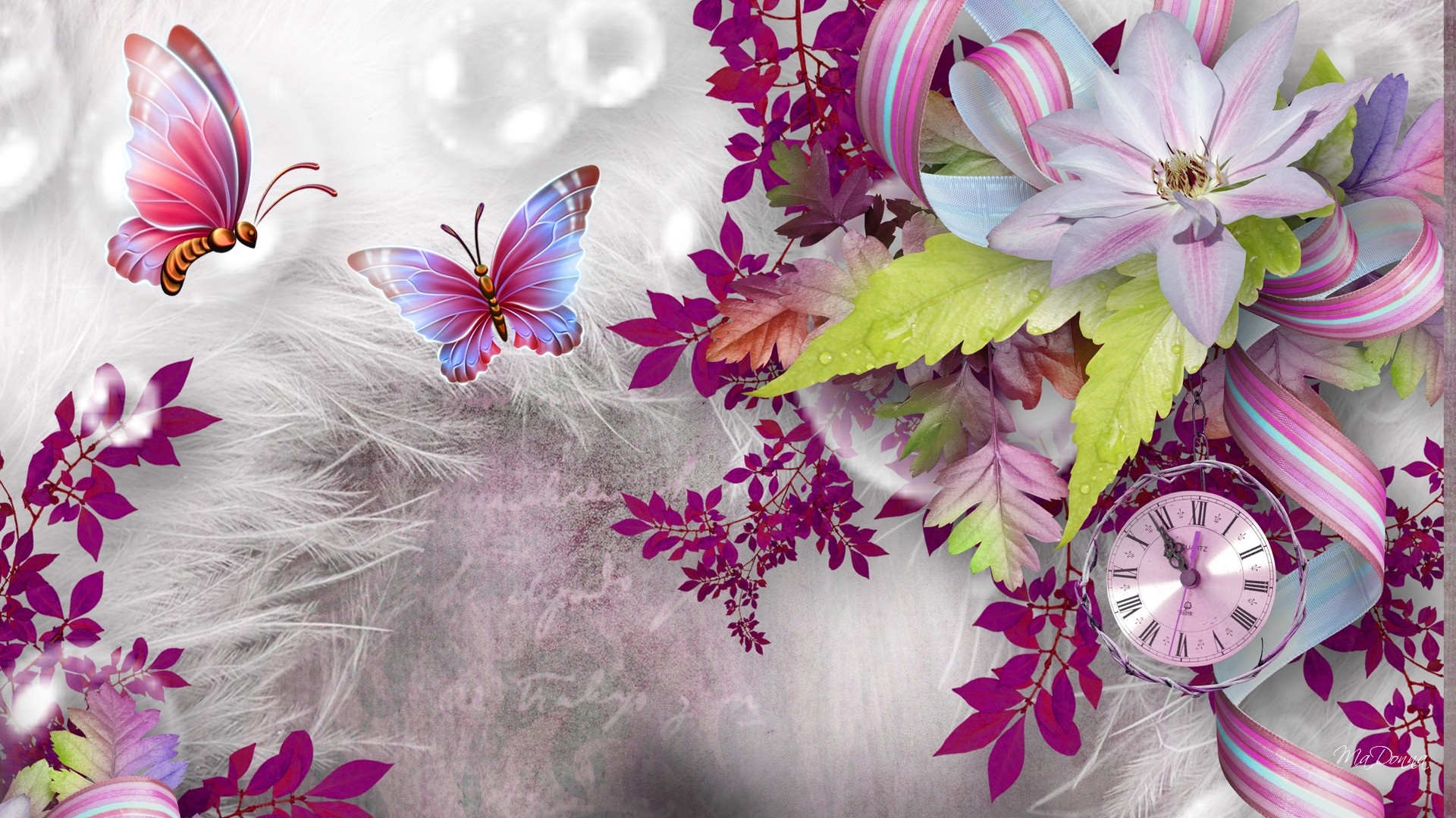 Download mobile wallpaper Clock, Flower, Leaf, Butterfly, Spring, Artistic for free.