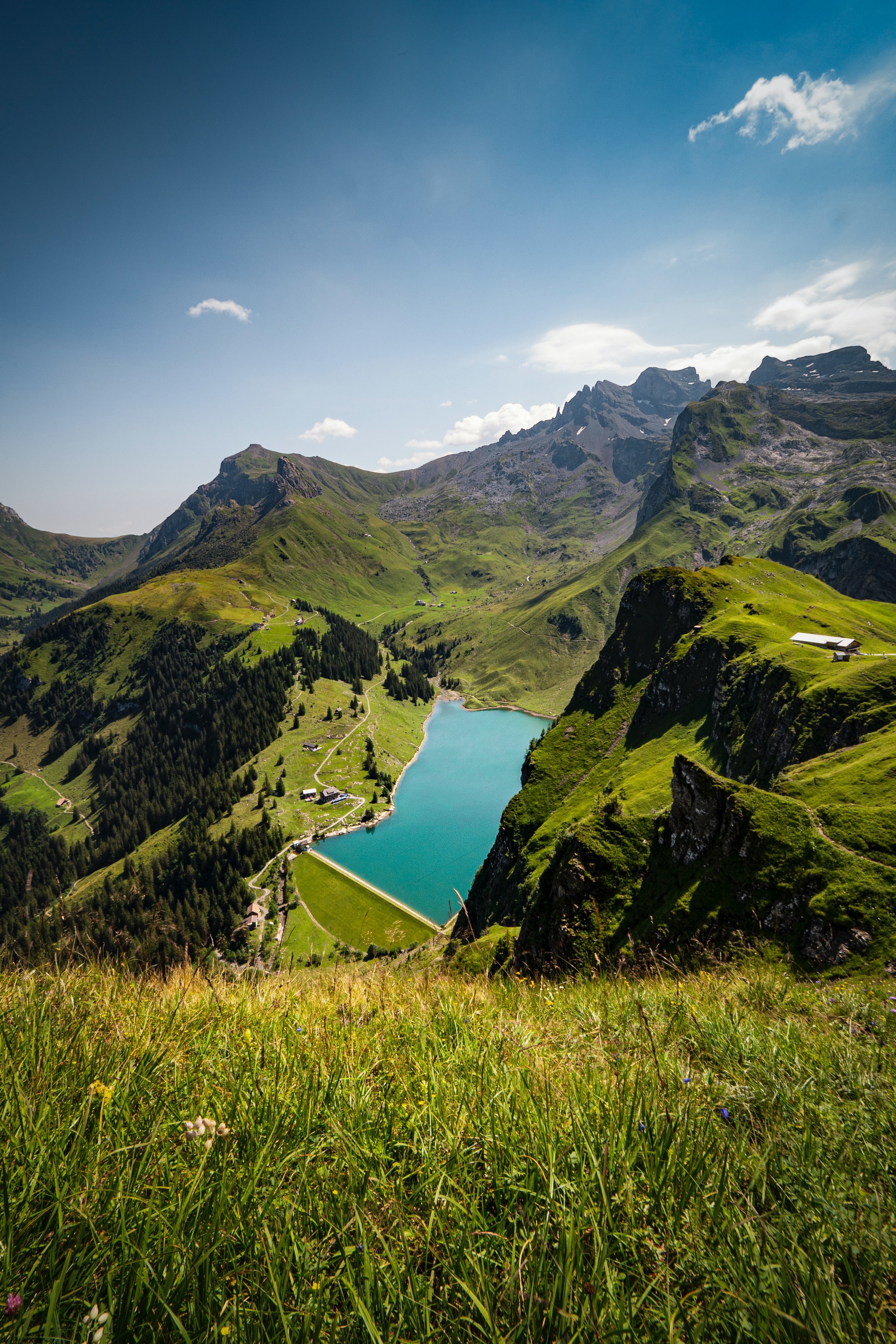 Free download wallpaper Grass, Mountains, Rocks, Vertex, Lake, Nature, Tops on your PC desktop