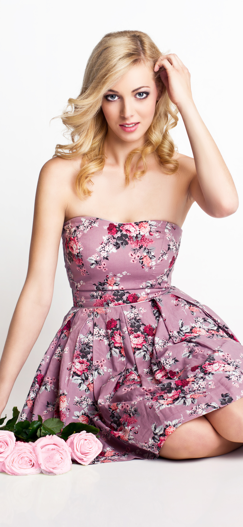 Download mobile wallpaper Rose, Blonde, Dress, Model, Women, Blue Eyes, Pink Rose for free.