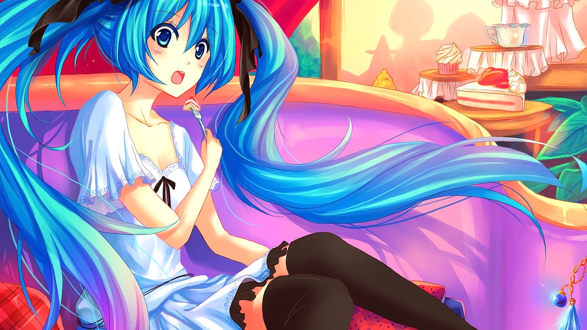 Laden Sie das Vocaloid, Blaue Augen, Blaue Haare, Hatsune Miku, Animes, Lange Haare, Speisen-Bild kostenlos auf Ihren PC-Desktop herunter