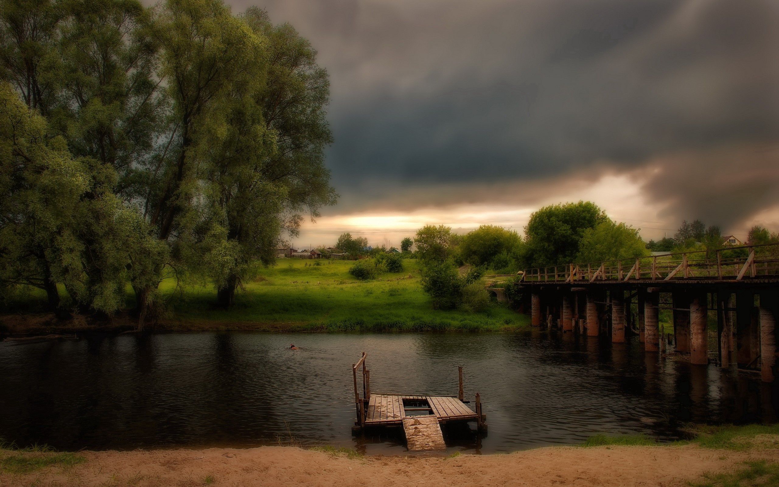 pier, hdr, rivers, grass, nature Full HD
