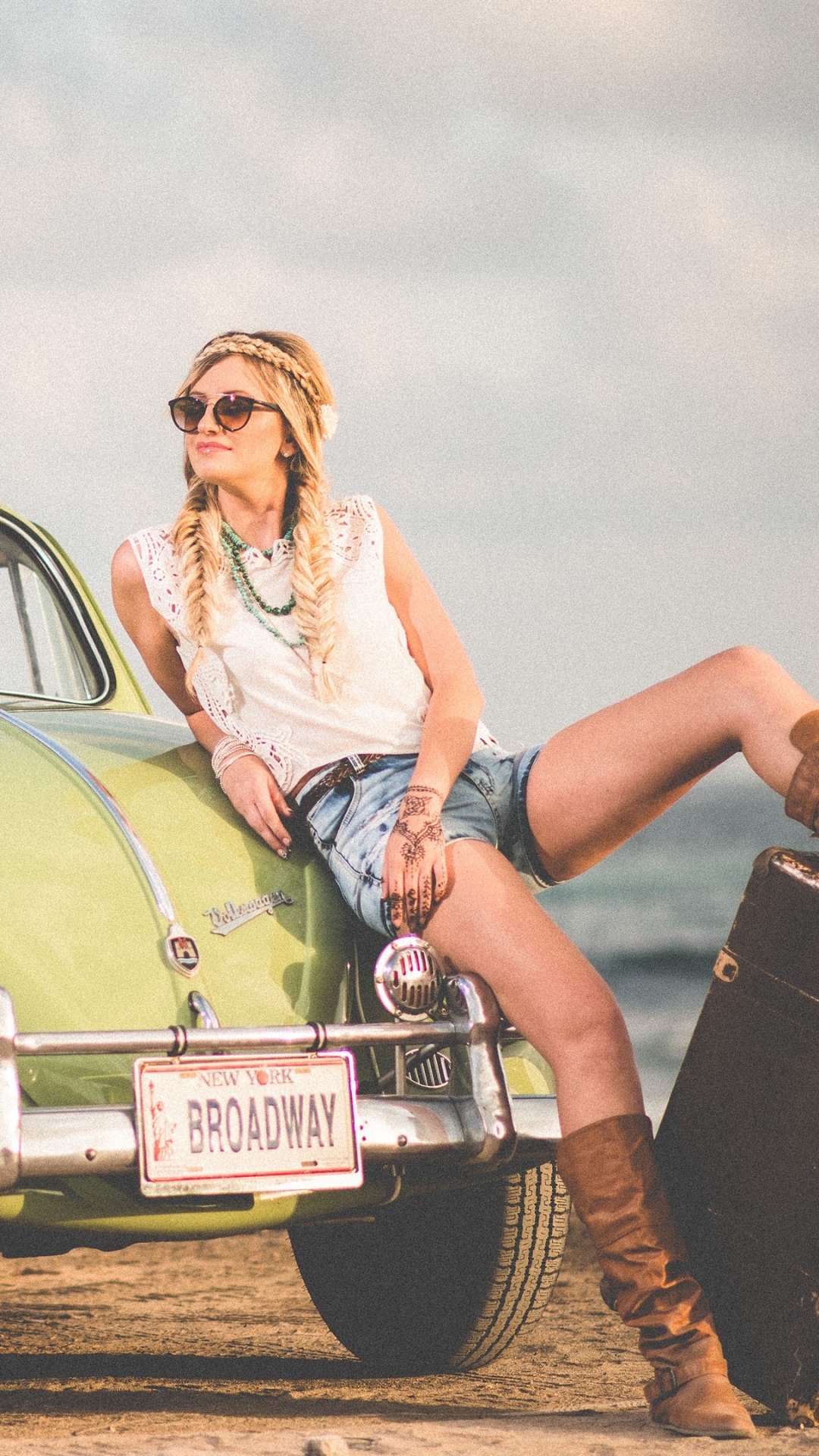 Download mobile wallpaper Blonde, Model, Women, Volkswagen Beetle, Braid, Girls & Cars for free.