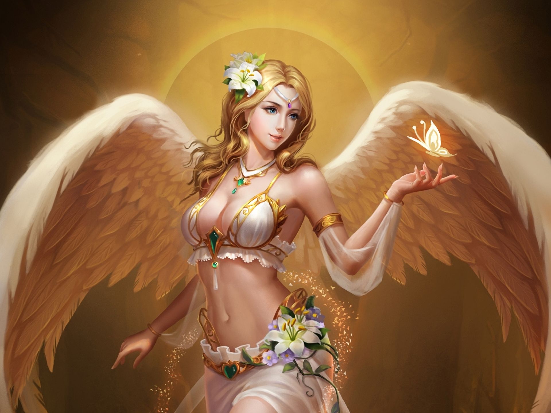 Free download wallpaper Fantasy, Flower, Butterfly, Wings, Angel, Blonde on your PC desktop