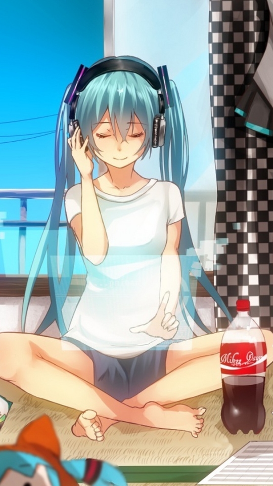 Download mobile wallpaper Anime, Headphones, Coca Cola, Vocaloid, Blue Eyes, Blue Hair, Hatsune Miku, Long Hair, Twintails for free.