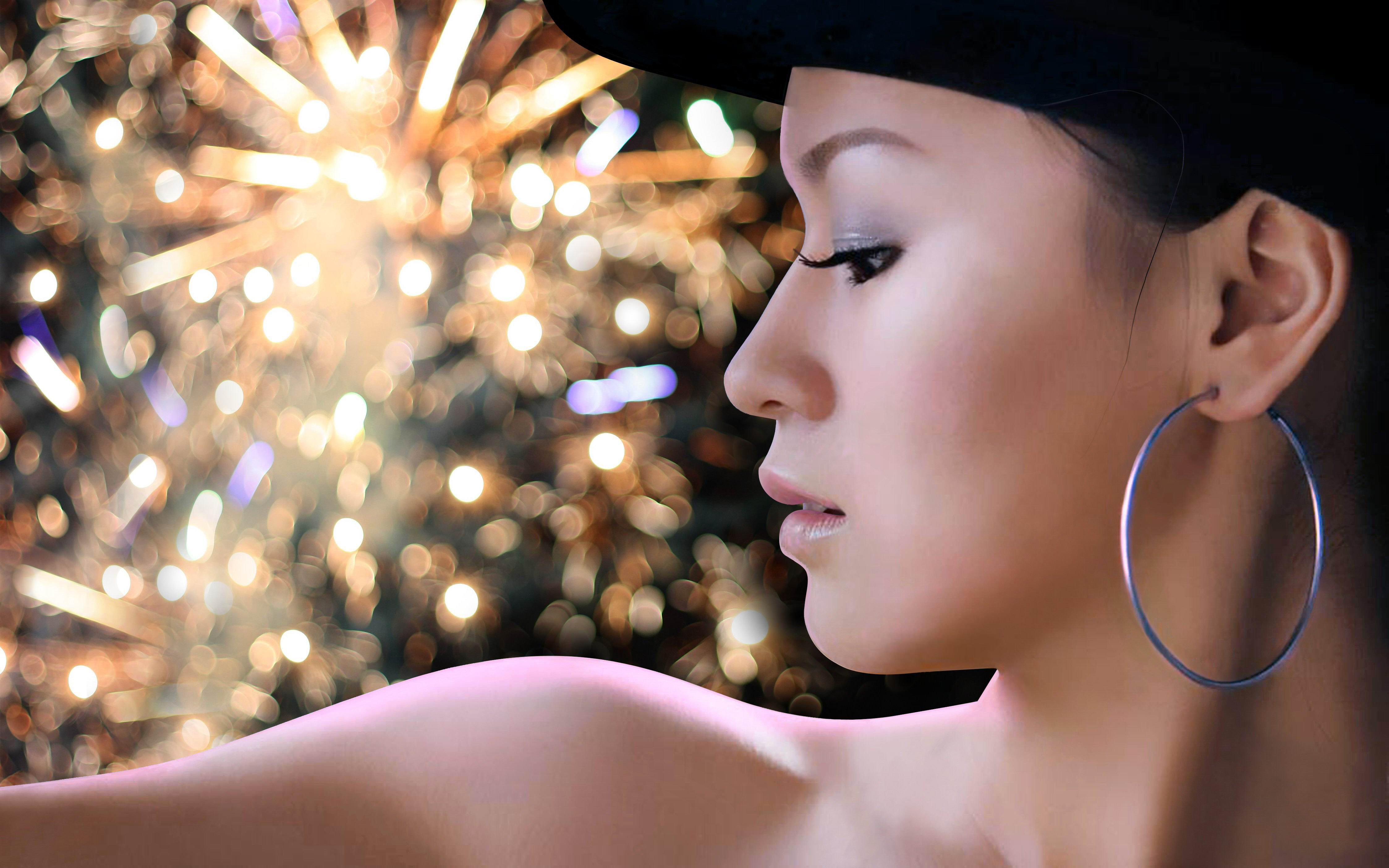 Free download wallpaper Profile, Face, Hat, Fireworks, Oriental, Model, Women, Earrings, Asian on your PC desktop