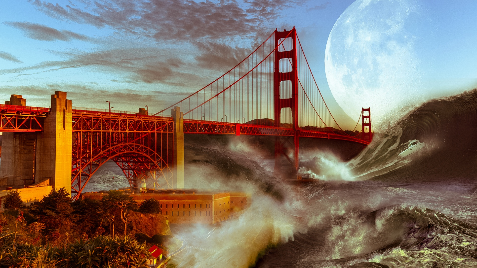 Download mobile wallpaper Moon, Planet, Sci Fi, Storm, Wave, Golden Gate, Apocalyptic for free.