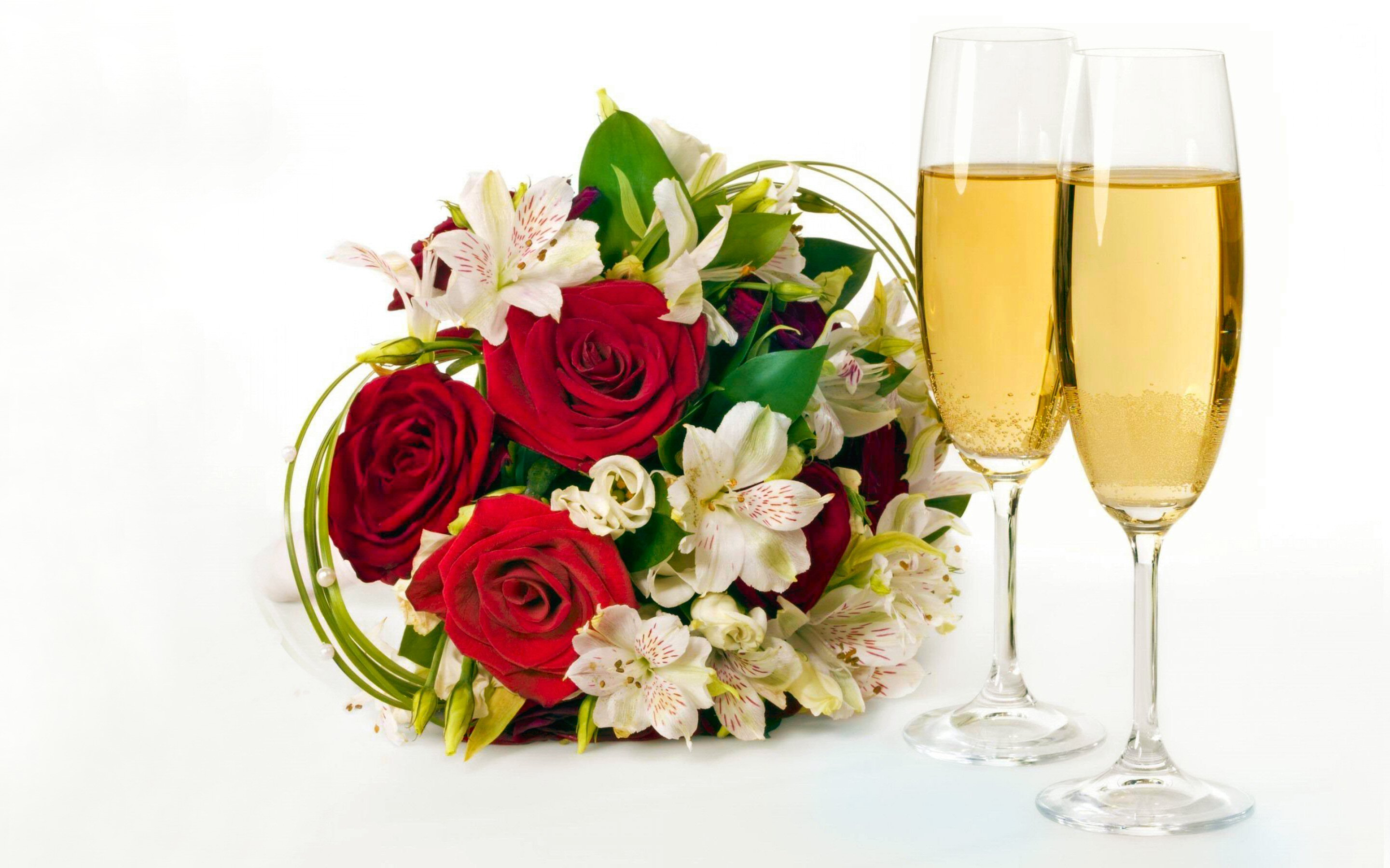 672061 скачать картинку день святого валентина, белый цветок, стекло, красочный, красная роза, красный цветок, шампанское, праздничные, букет, цветок - обои и заставки бесплатно