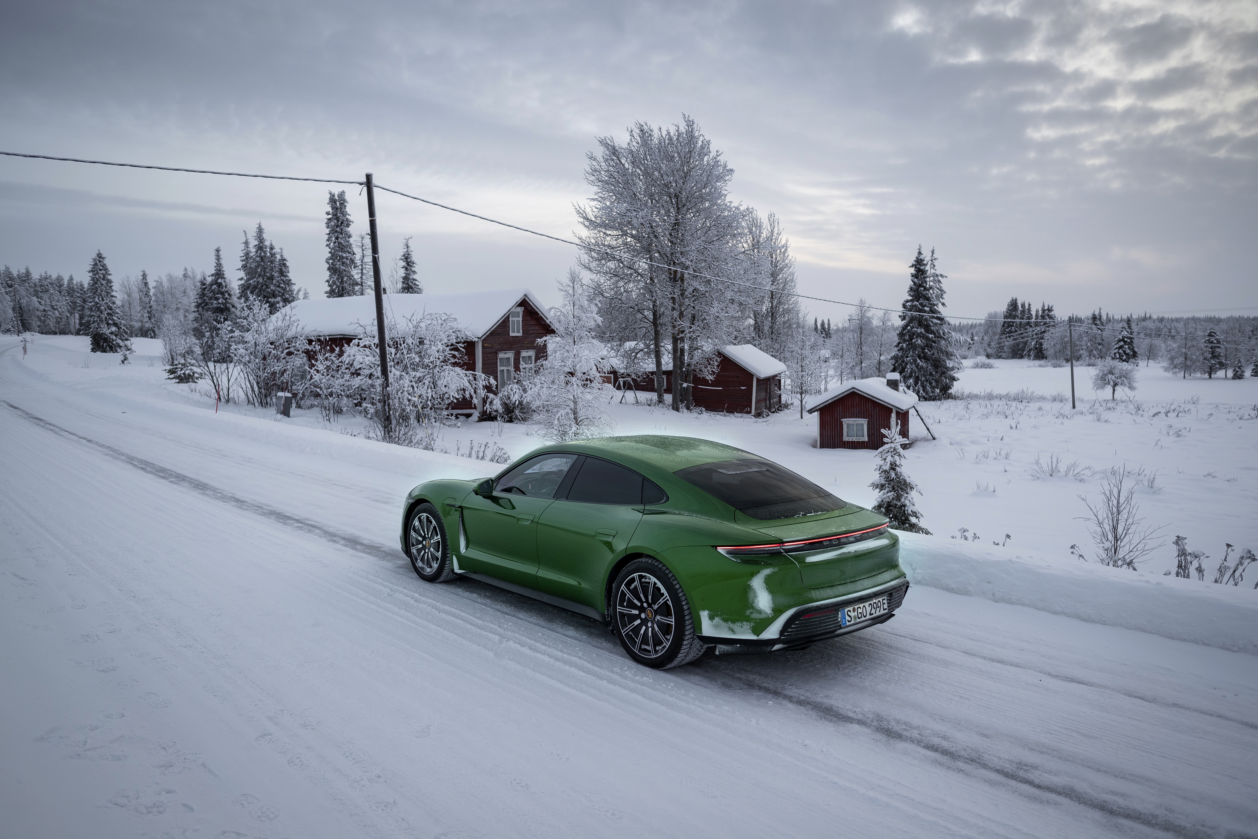 Download mobile wallpaper Winter, Porsche, Snow, Car, Vehicles, Green Car, Porsche Taycan 4S for free.