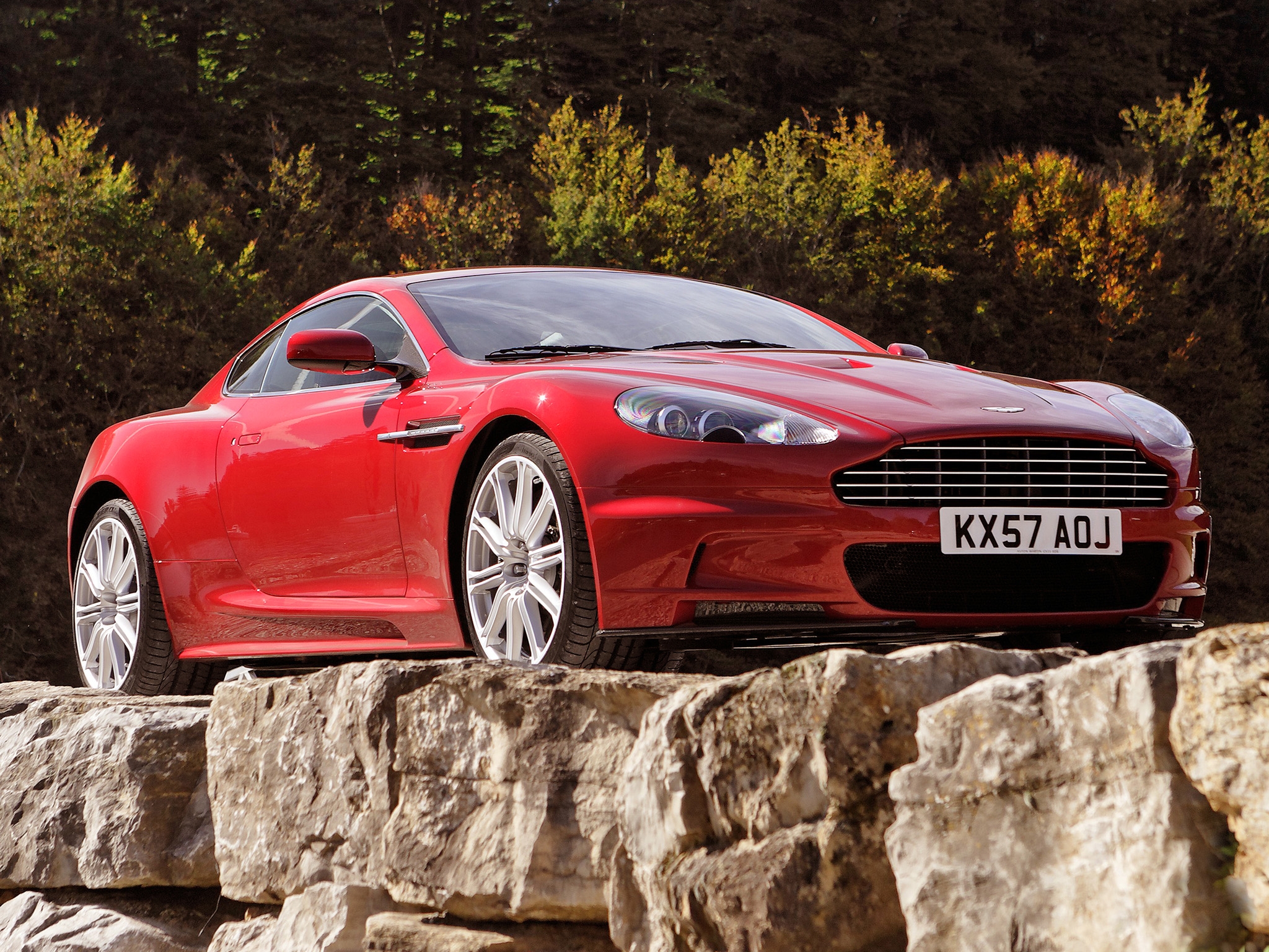 aston martin, dbs, auto, trees, cars, red, front view, 2008