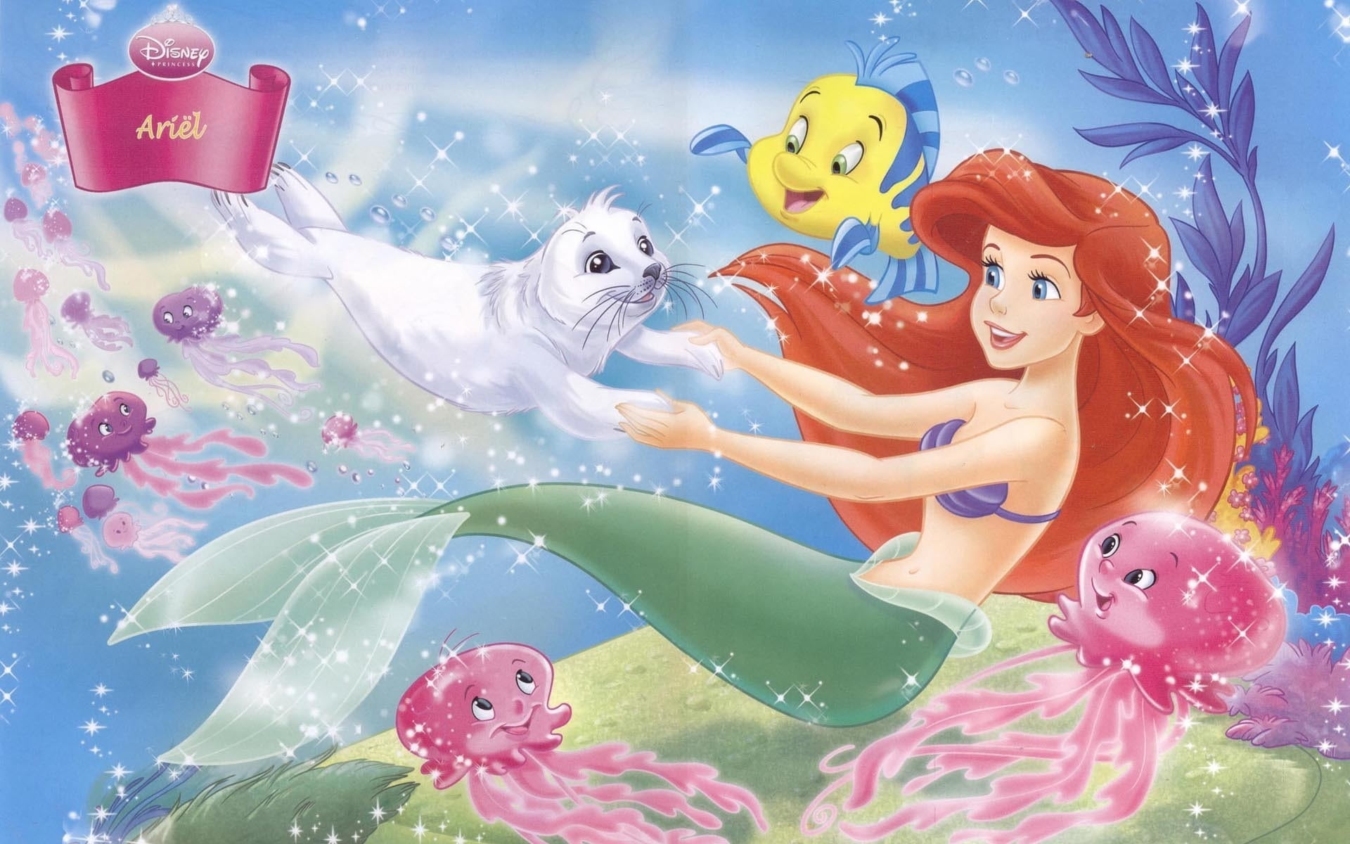 disney princess, movie, the little mermaid (1989), ariel (the little mermaid), flounder (the little mermaid), jellyfish, mermaid, red hair, seal, the little mermaid