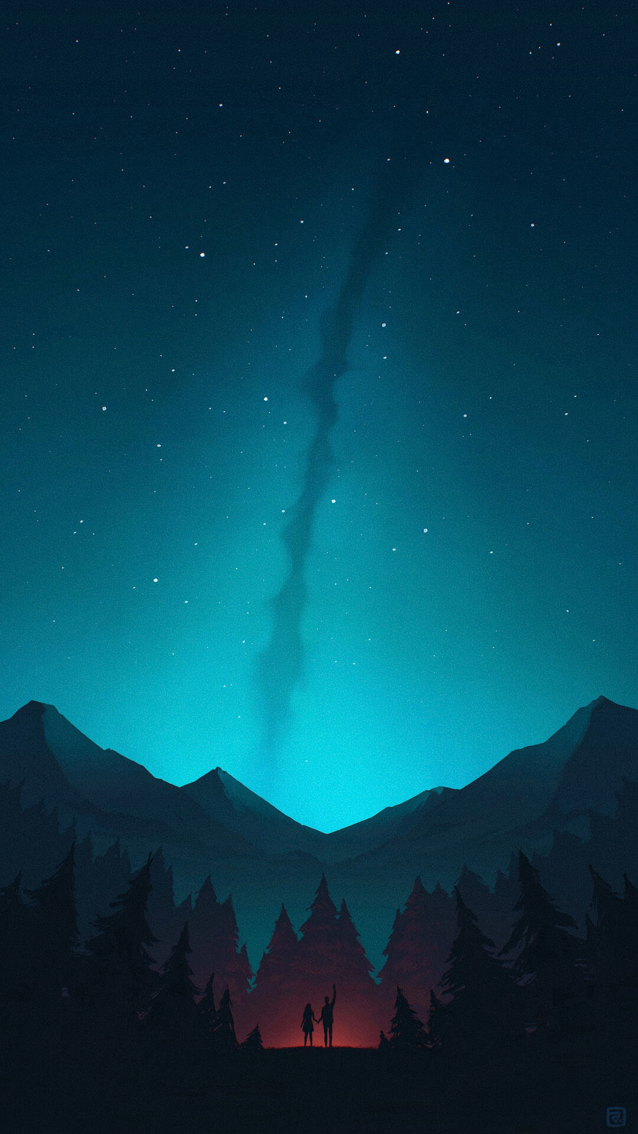 android art, night, silhouettes, mountains, forest, starry sky