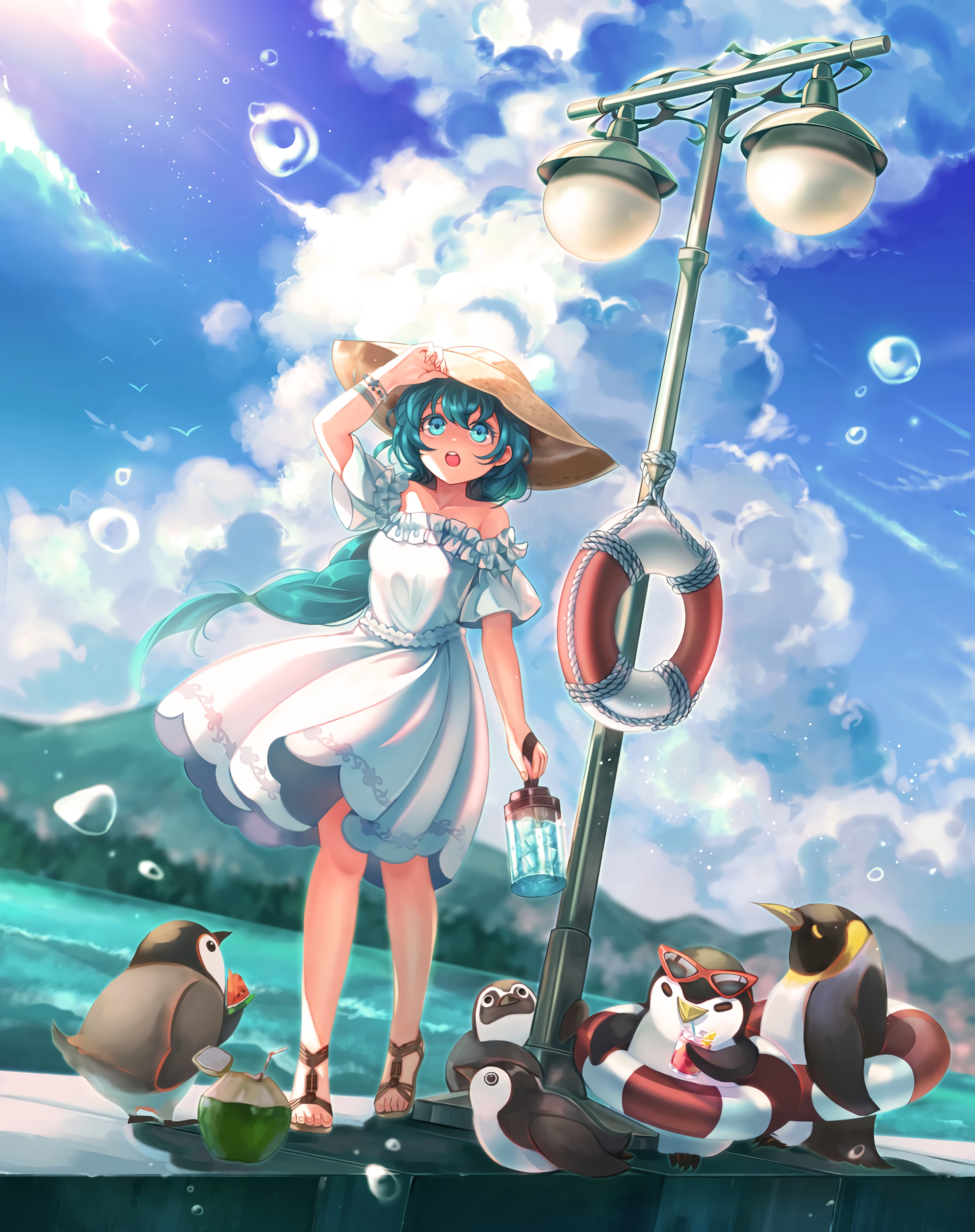Free download wallpaper Hat, Dress, Pinguins, Art, Girl, Anime on your PC desktop