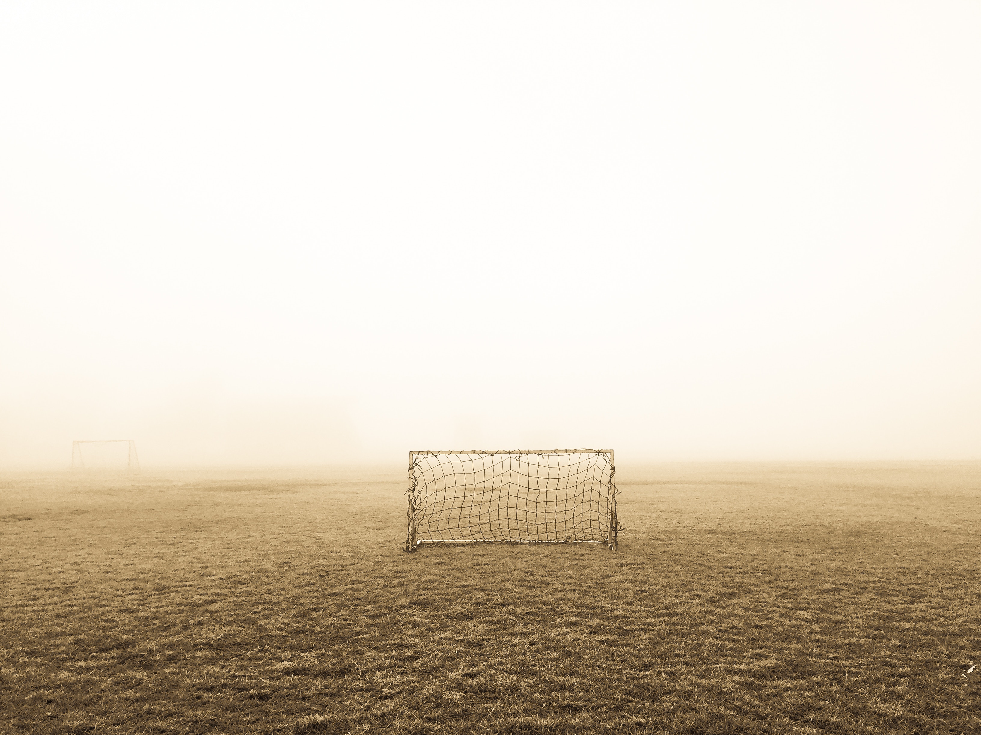 football, loneliness, sports, fog, lawn, gate, goal HD wallpaper