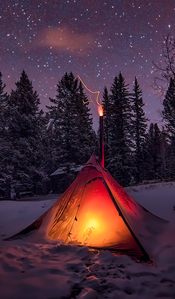 Download mobile wallpaper Winter, Stars, Night, Snow, Light, Forest, Starry Sky, Tent, Camping, Photography for free.
