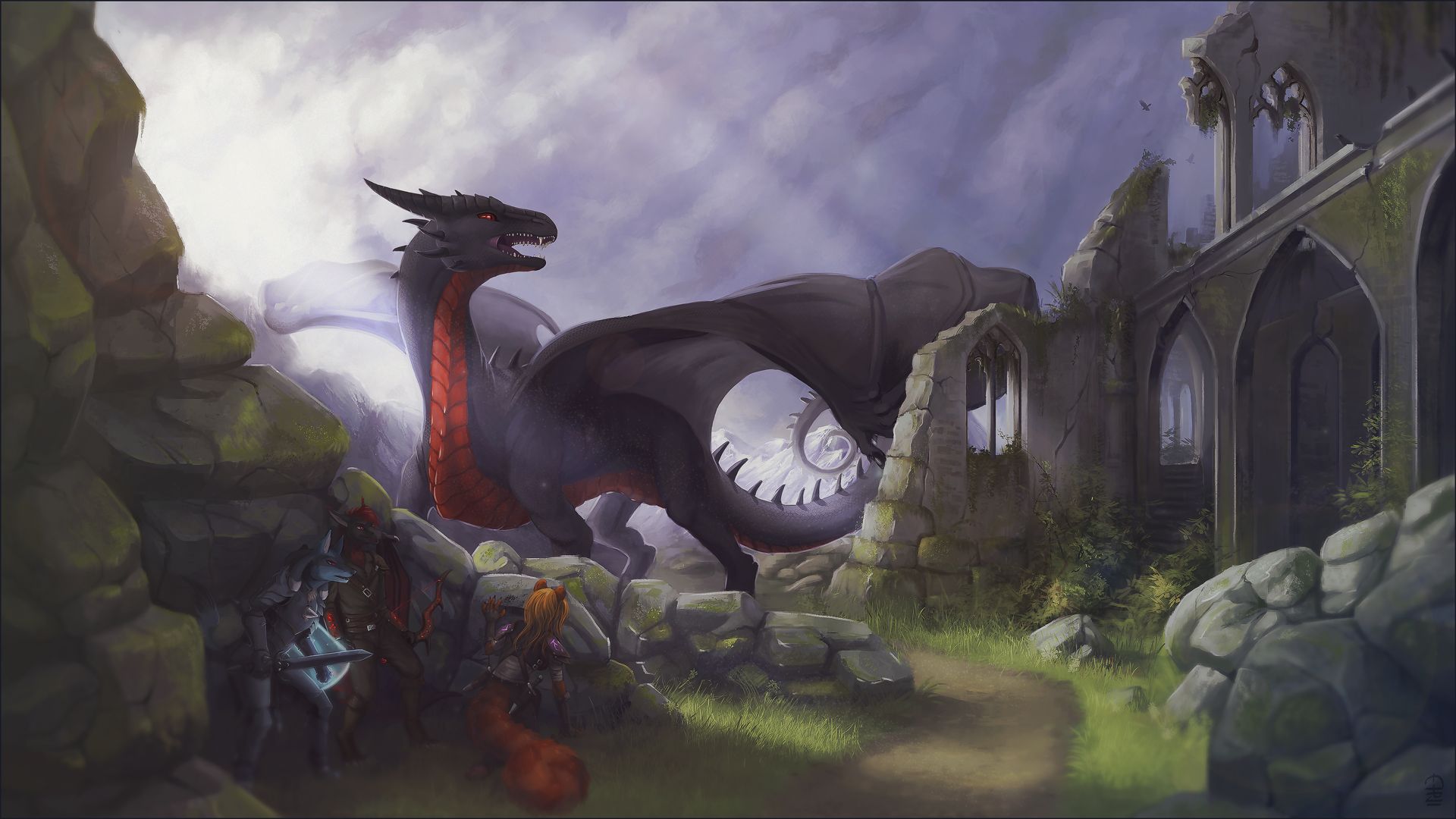 Download mobile wallpaper Fantasy, Dragon, Warrior, Ruin for free.