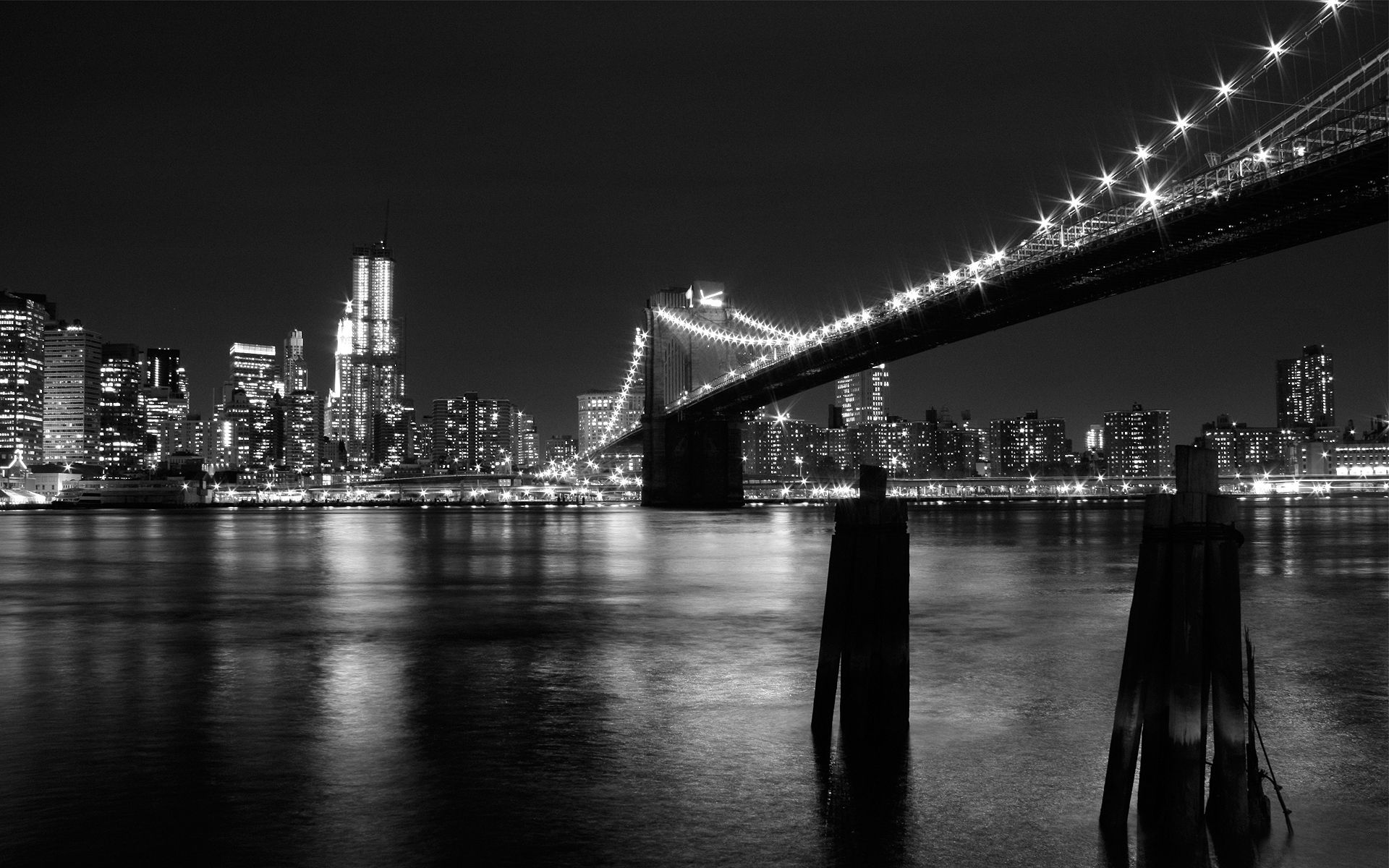 154361 скачать картинку чб, нью йорк, города, ночь, здания, мост - обои и заставки бесплатно