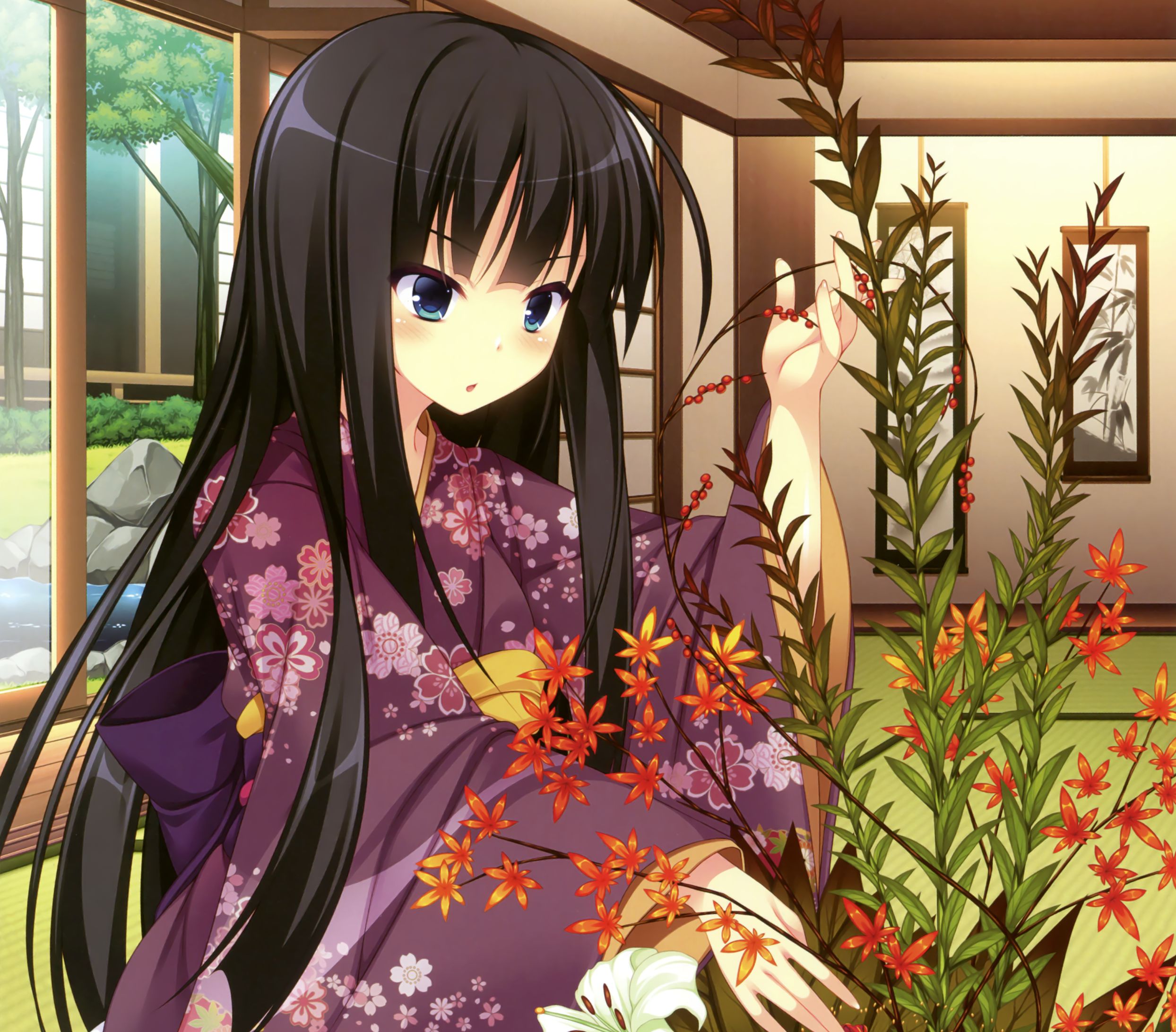 Download mobile wallpaper Anime, Flower, Kimono, Blue Eyes, Original, Blush, Black Hair, Long Hair for free.
