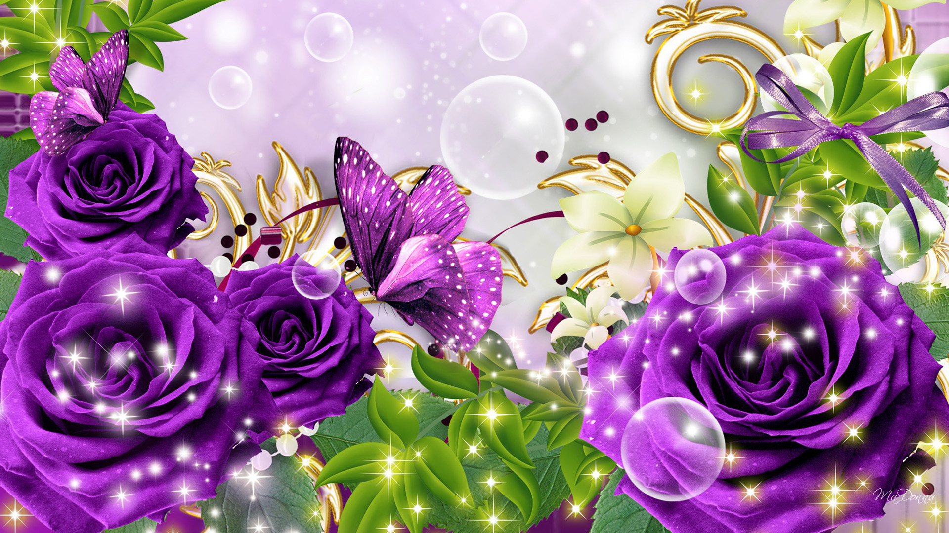 Laden Sie das Schmetterlinge, Blume, Rose, Künstlerisch, Lila Blume, Funkelt-Bild kostenlos auf Ihren PC-Desktop herunter