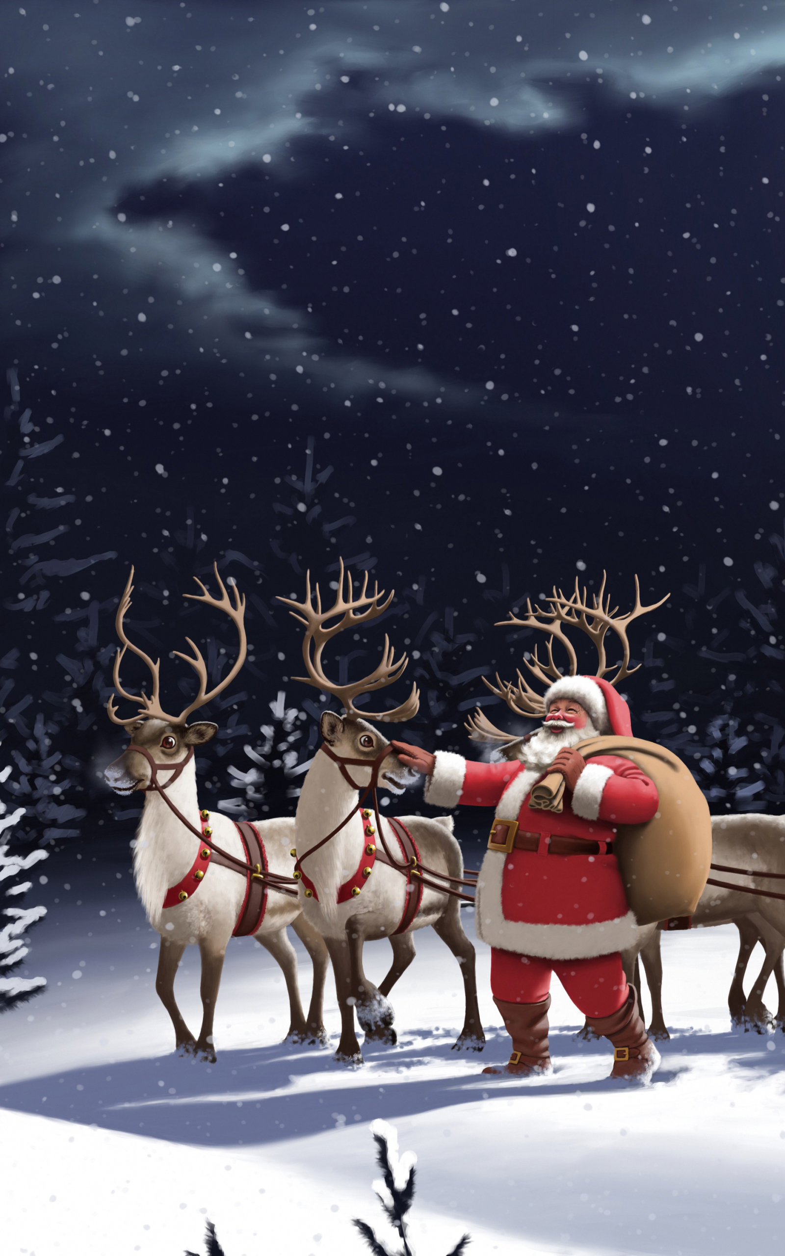Handy-Wallpaper Feiertage, Weihnachtsmann, Weihnachten, Schneefall, Nacht, Rentier kostenlos herunterladen.