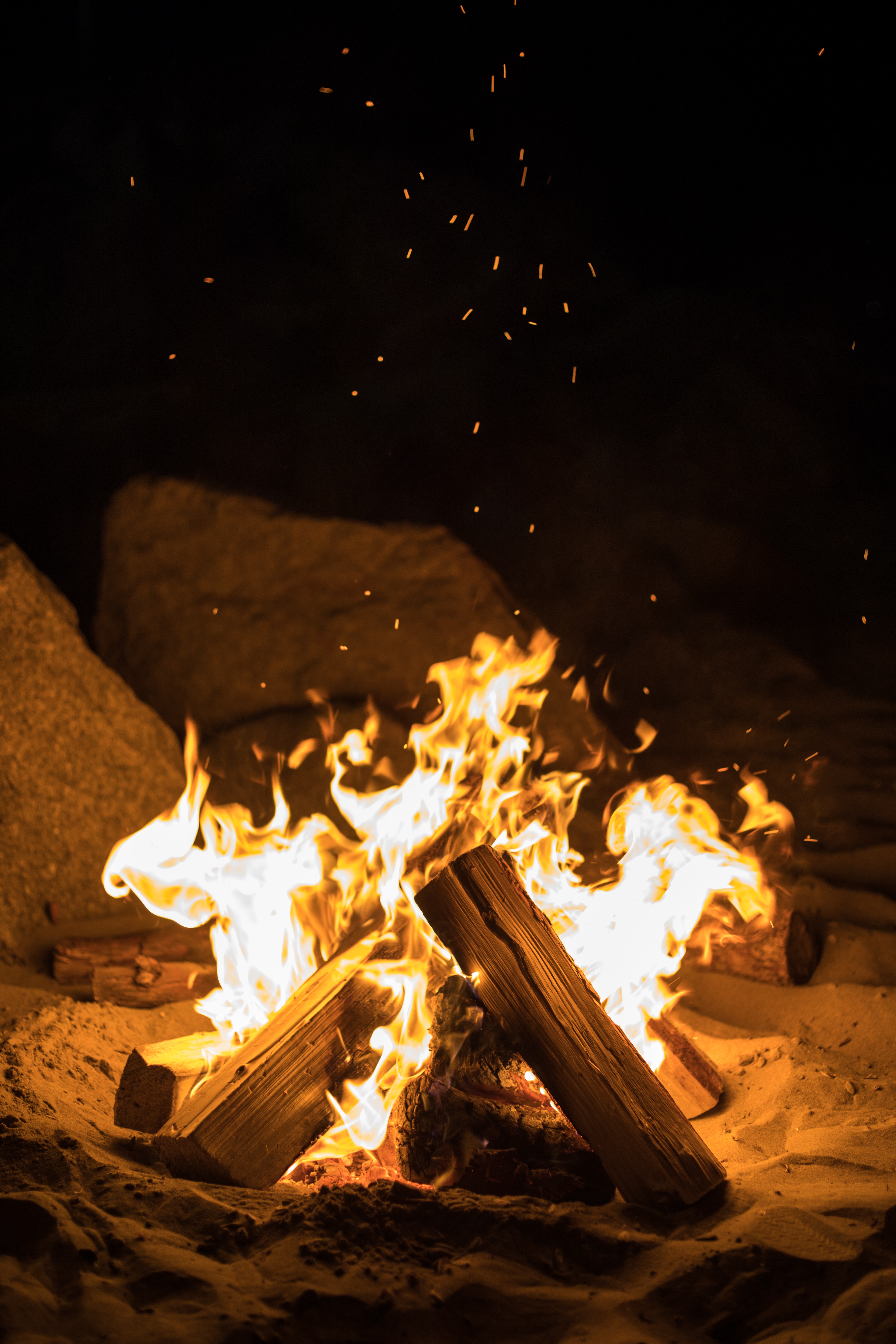bonfire, firewood, dark, night, fire, flame, sparks