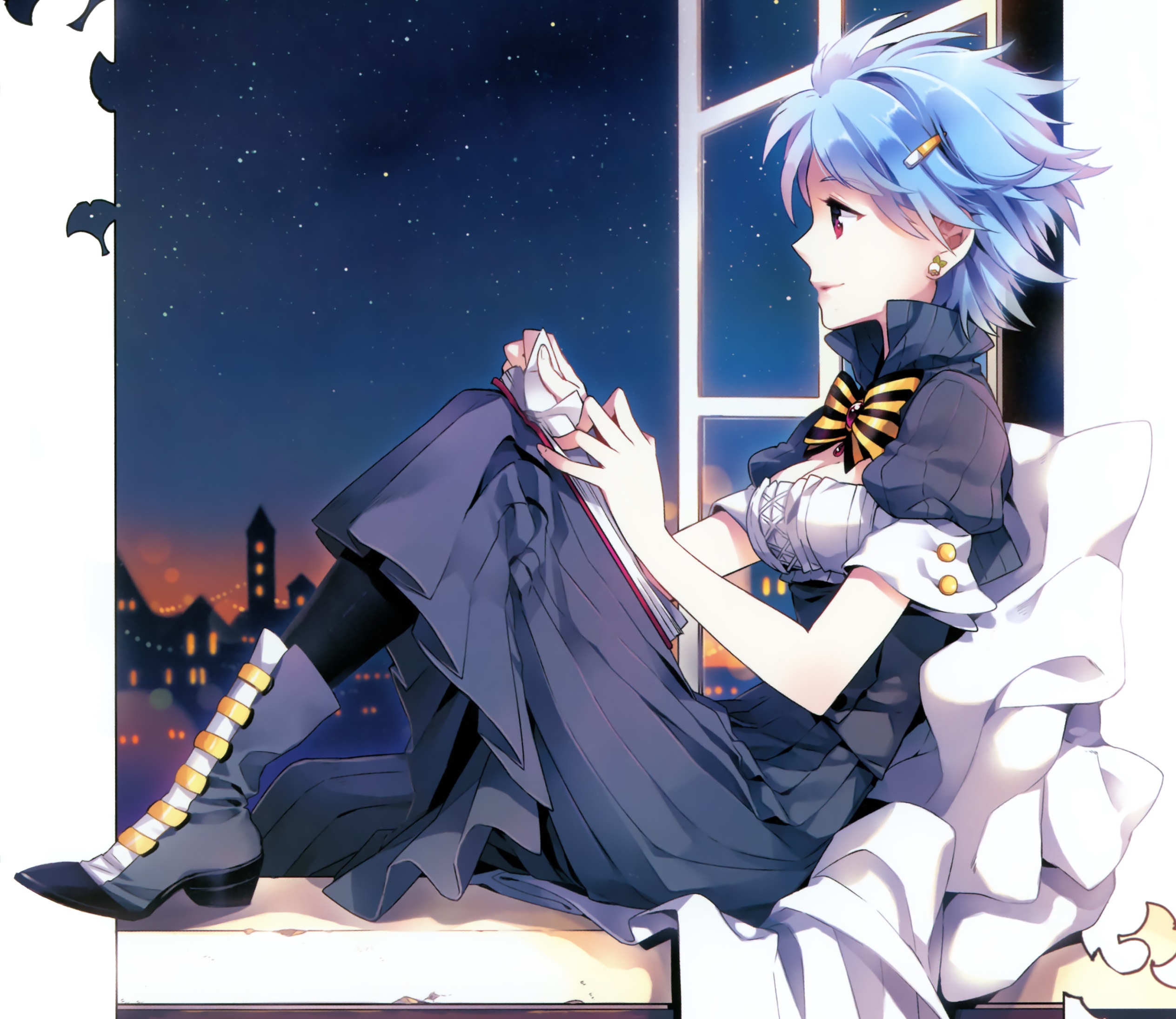Baixar papel de parede para celular de Anime, Estrelas, Sorriso, Livro, Original, Cabelo Azul, Olhos Vermelhos, Cabelo Curto, Arco (Roupas) gratuito.