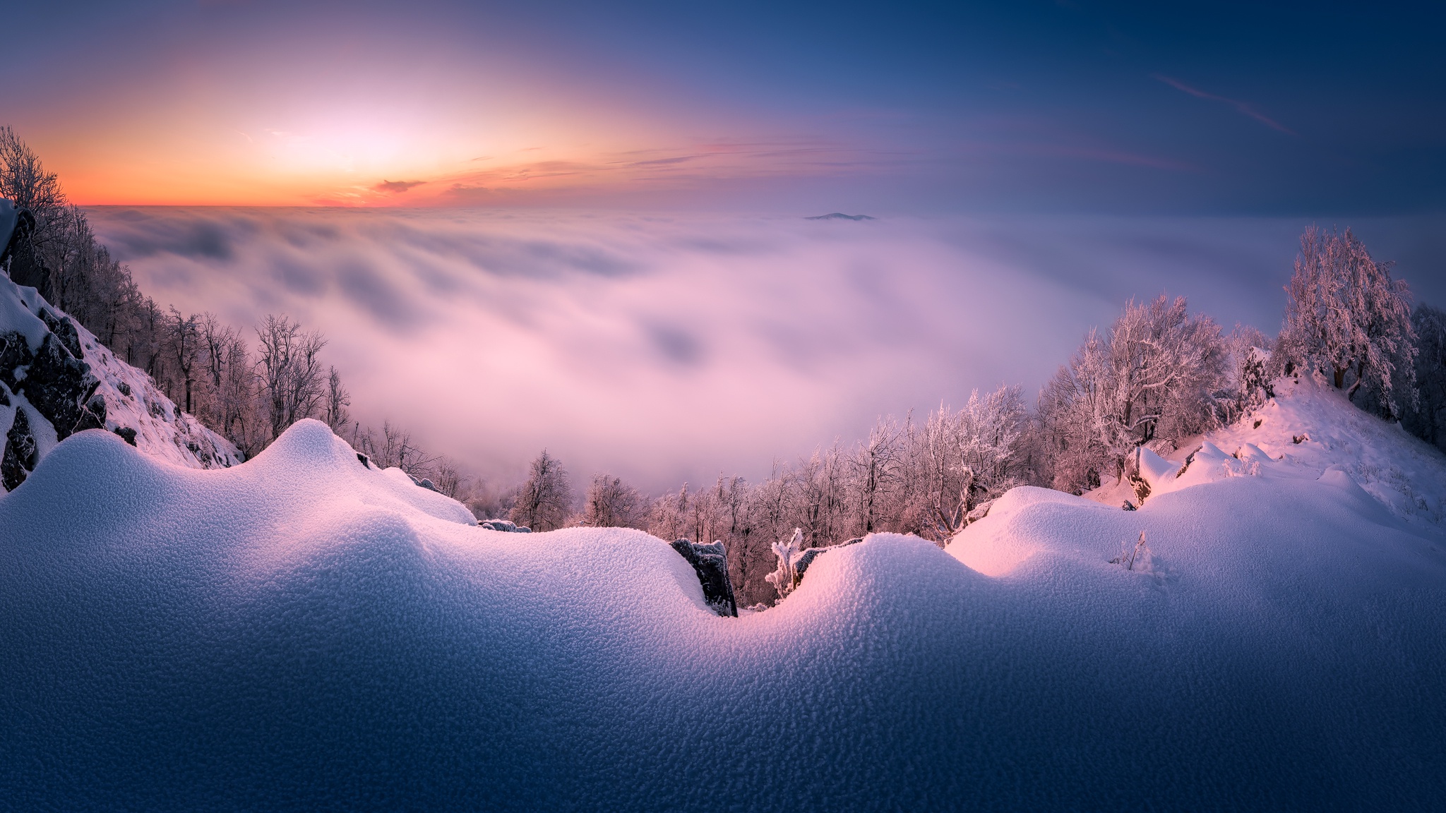 Download mobile wallpaper Landscape, Winter, Nature, Snow, Horizon, Mountain, Fog, Earth for free.